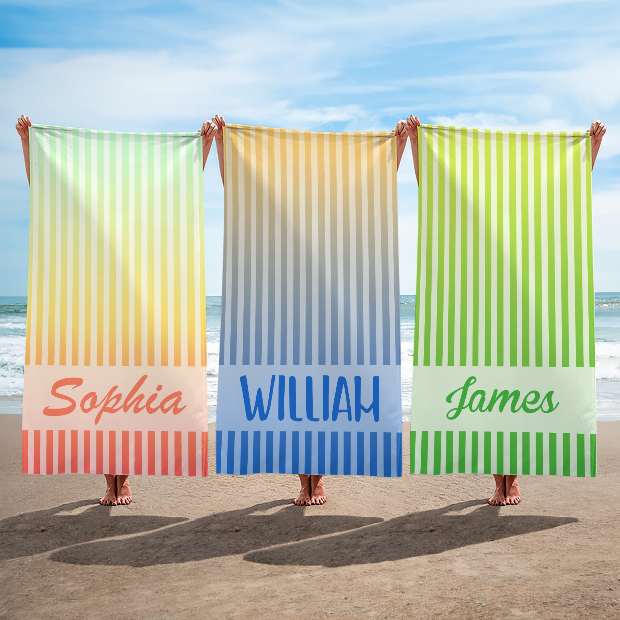 Toalla de playa personalizada de microfibra de secado rápido con rayas degradadas y nombre Vacaciones de verano Viajes Uso Cumpleaños Regalo para la familia Amigos