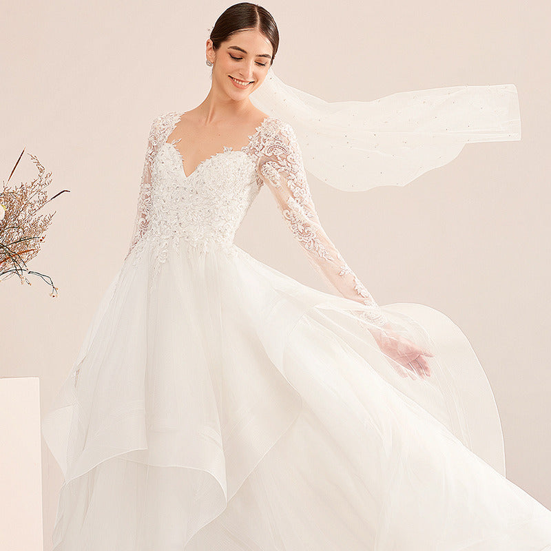 Bridal Wedding Dress White Long Sleeve Long V-Neck Ball-Gown Princess