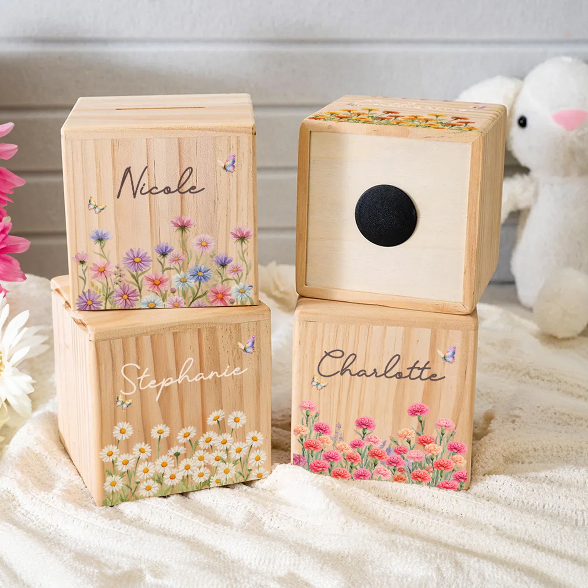 Hucha de madera personalizada con el nombre de la flor de nacimiento Día del niño Regalo de cumpleaños para niños