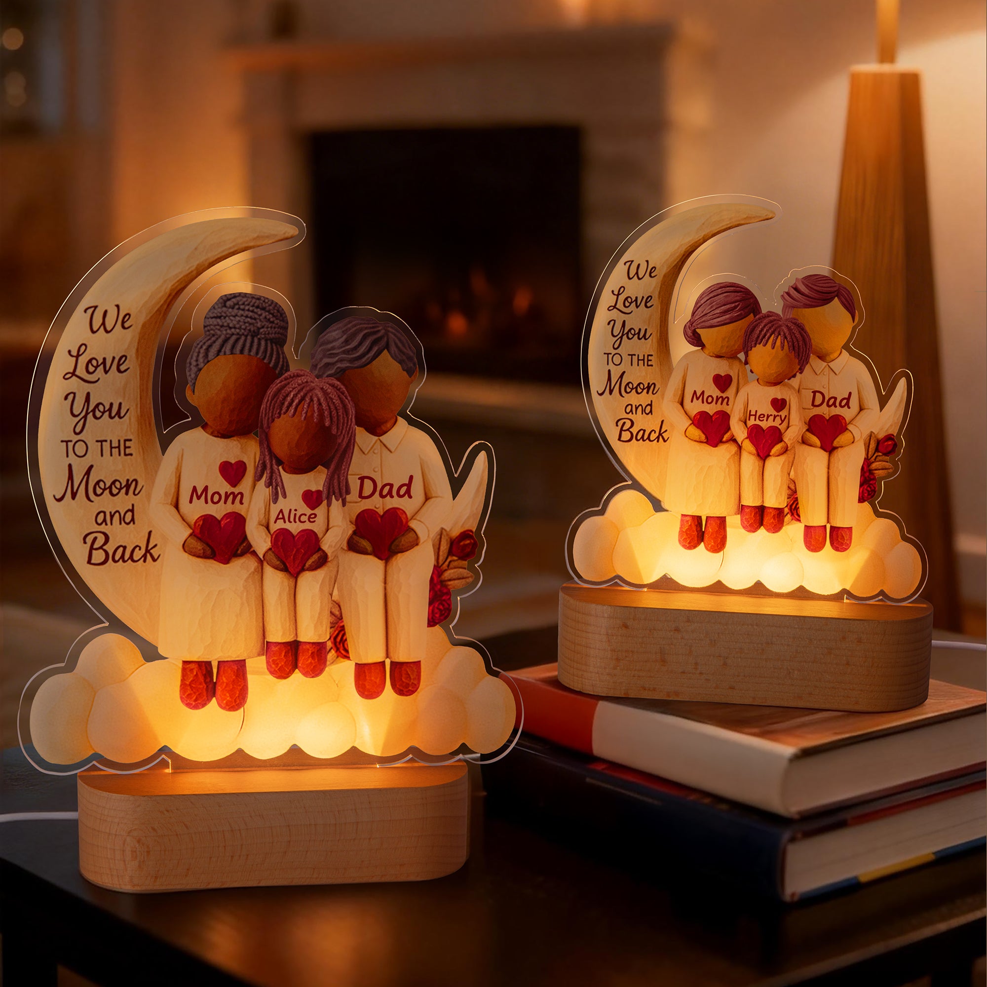 Personaje personalizado de dibujos animados de la familia de la luna del corazón de acrílico LED Luz de noche con nombre y base de madera decoración de la habitación regalo de cumpleaños para la famil