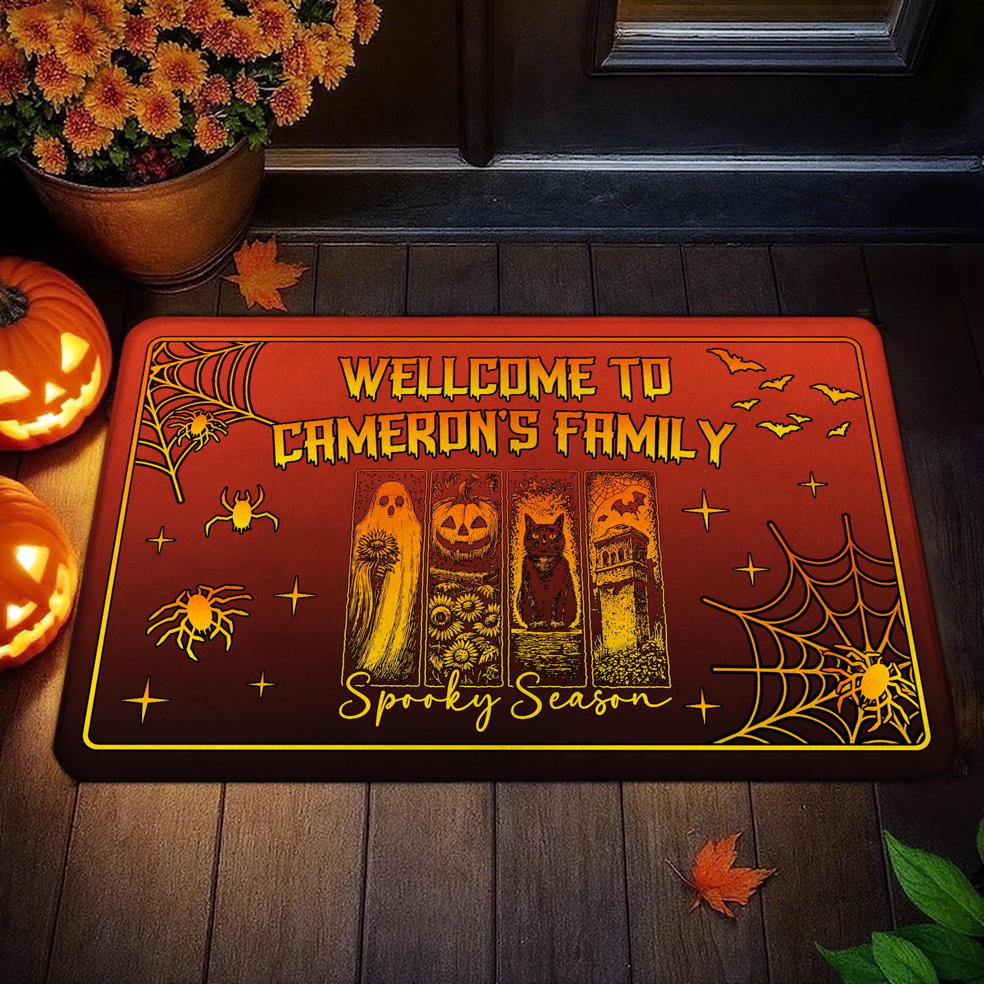 Personalizado Bienvenido a Alguien de la Familia Fantasma Gato Negro Calabaza Felpudo con Nombre Decoración para el Hogar Regalo de Halloween para Amigos de la Familia