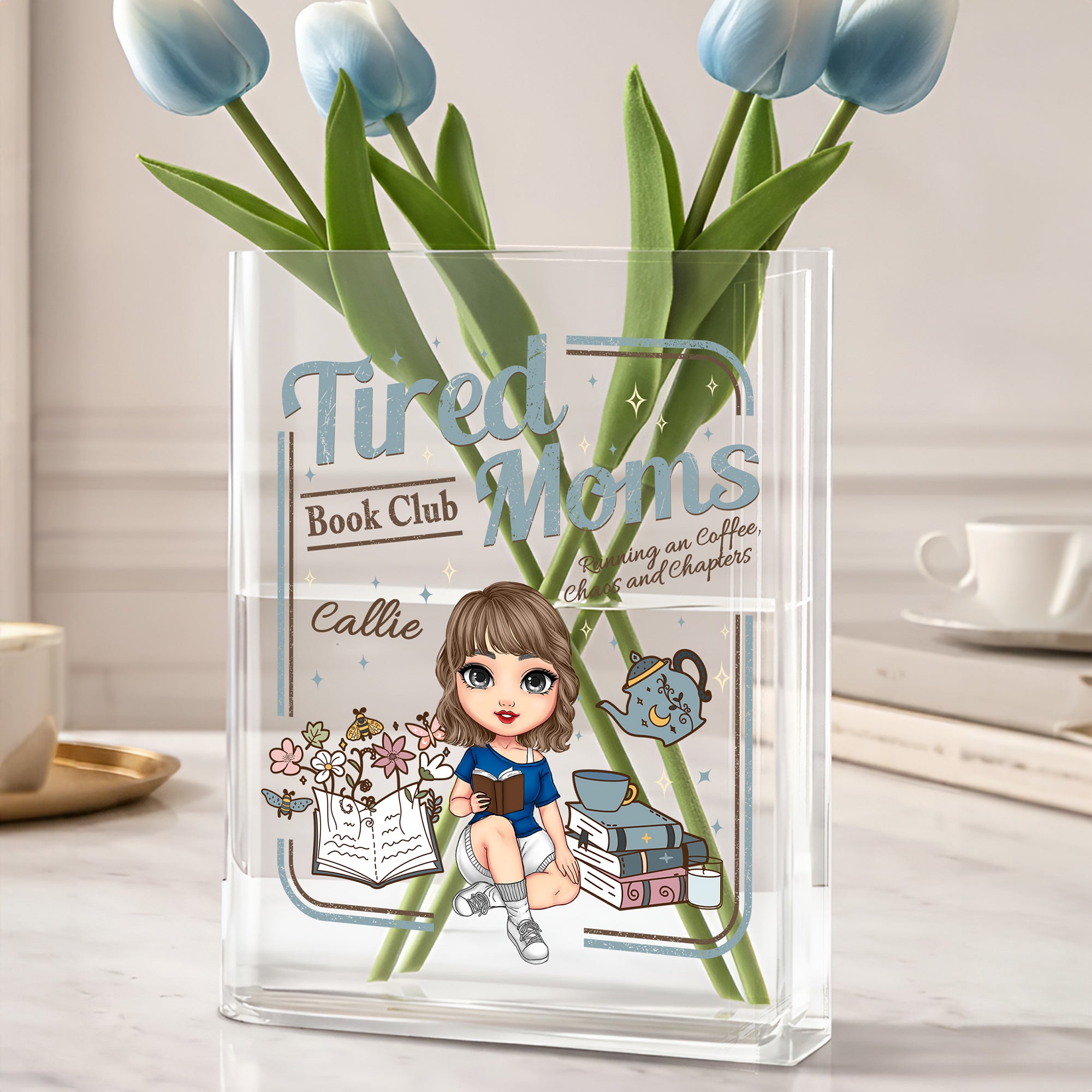 Jarrón transparente personalizado con el nombre del personaje de dibujos animados Día de la Madre Regalo de cumpleaños para las mujeres amantes de los libros