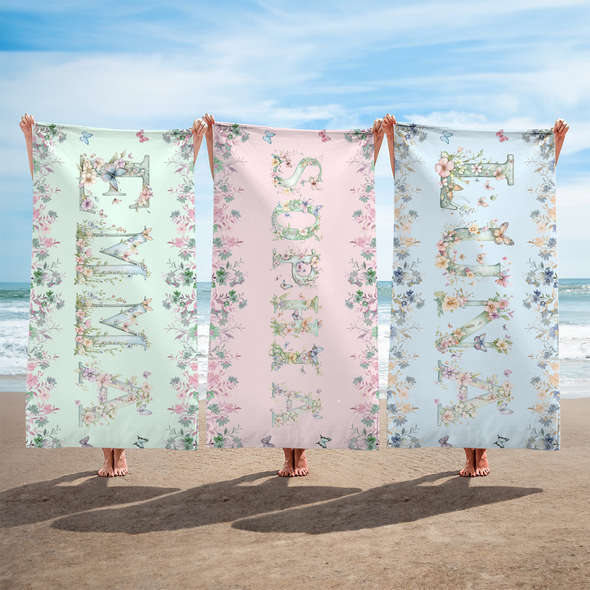 Toalla de playa de microfibra de gran tamaño y secado rápido personalizada con el nombre de la mariposa Flor Fiesta en la playa Regalo de vacaciones para niños Mujeres