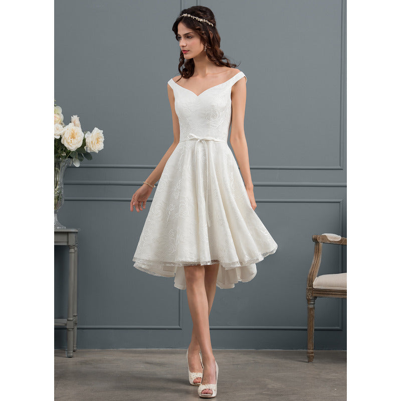 Bridal Wedding Dress Ivory Sleeveless Asymmetrical V-Neck A-line Lace