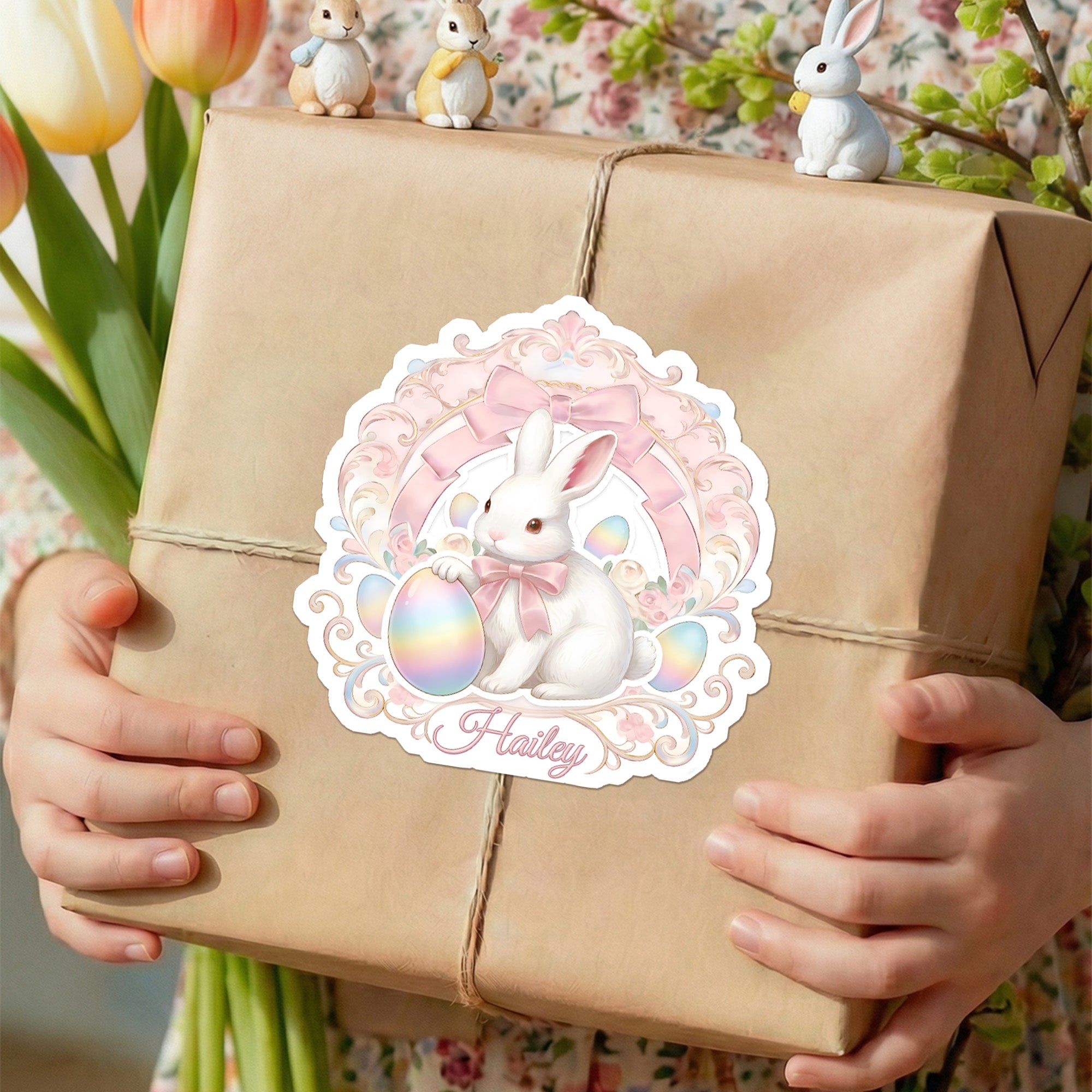 Conejito de Pascua personalizado Etiquetas adhesivas impermeables con nombre Regalo Decoración Día de Pascua Fiesta para niños
