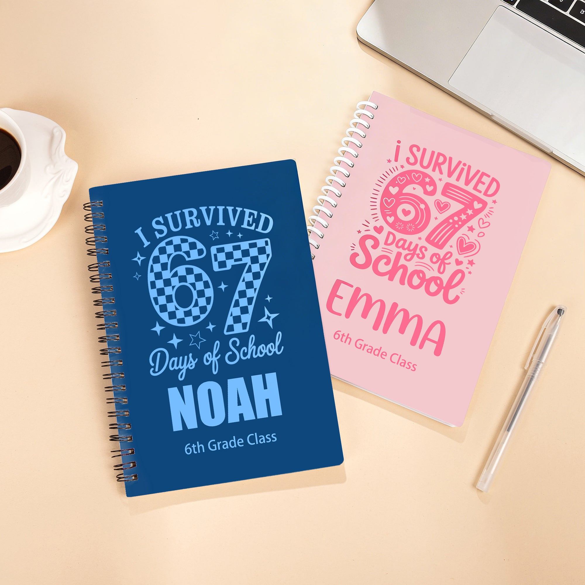 Cuaderno de espiral personalizado Funny I Survived 67 Days of School A5 con nombre y 120 páginas rayadas Regalo de cumpleaños de vuelta al cole para niños Estudiantes