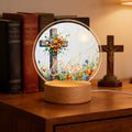 Pintura al óleo personalizada estilo de la flor de la cruz de acrílico LED Luz de noche con nombre y base de madera decoración del hogar regalo de cumpleaños para el cristiano