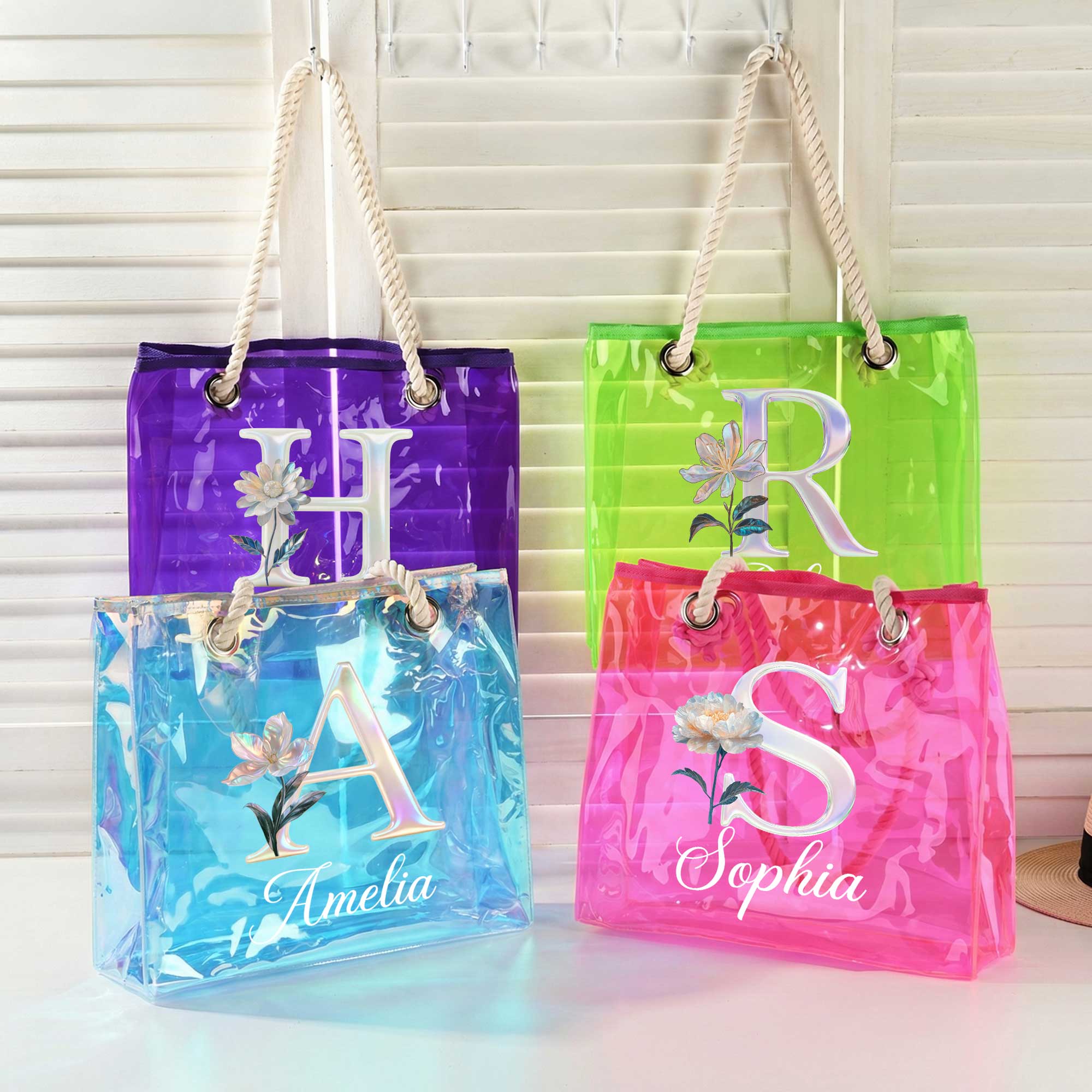 Bolso tote personalizado de material transparente con nombre y flor de nacimiento regalo de despedida de soltera y boda para mujeres
