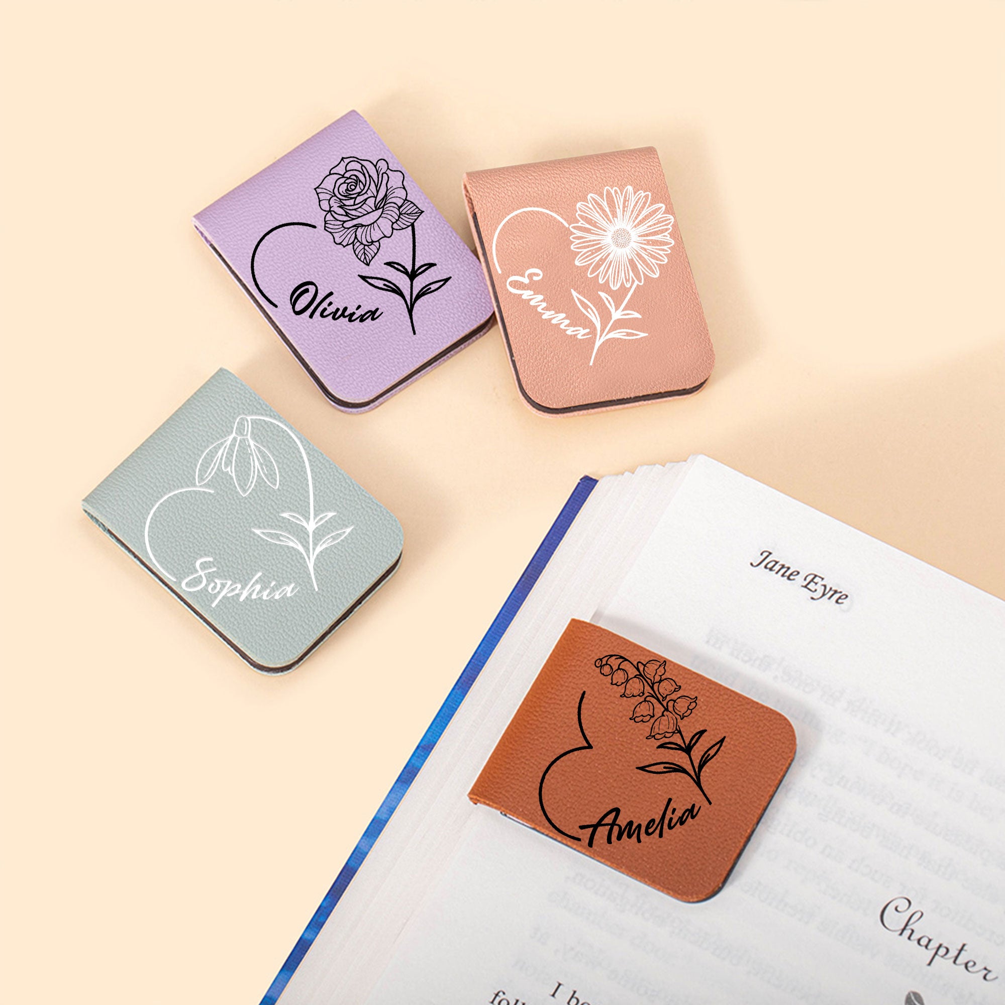 Personalizado Nacimiento Flor Magnético PU Cuero Marcapáginas Clip con Nombre Uso Diario Regalo de Cumpleaños para los amantes de los libros Ratones de biblioteca