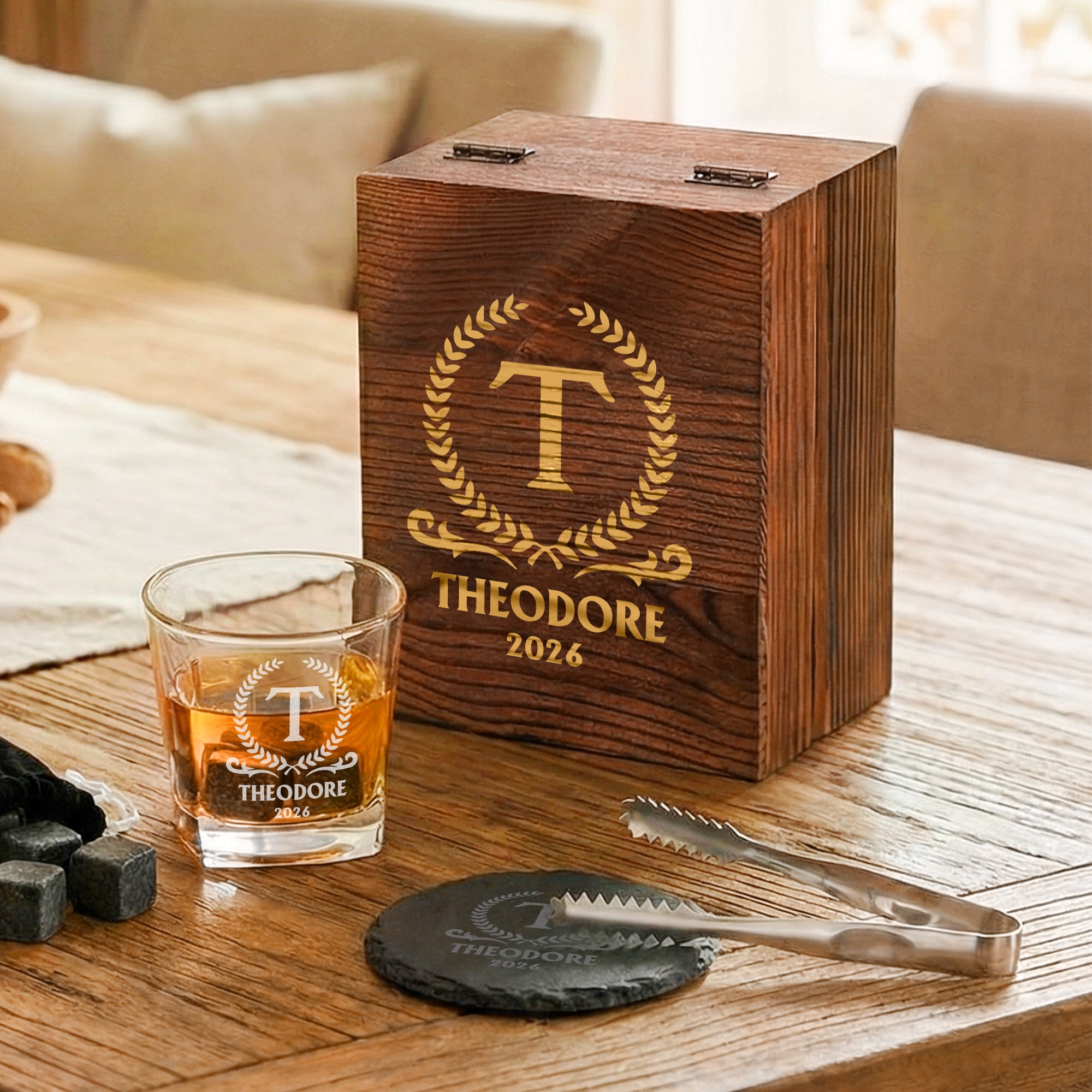 Personalizado Retro Inicial Whisky Copa 4 Piedras Caja de Madera Set con Nombre Día del Padre Cumpleaños Aniversario Regalo para Hombres