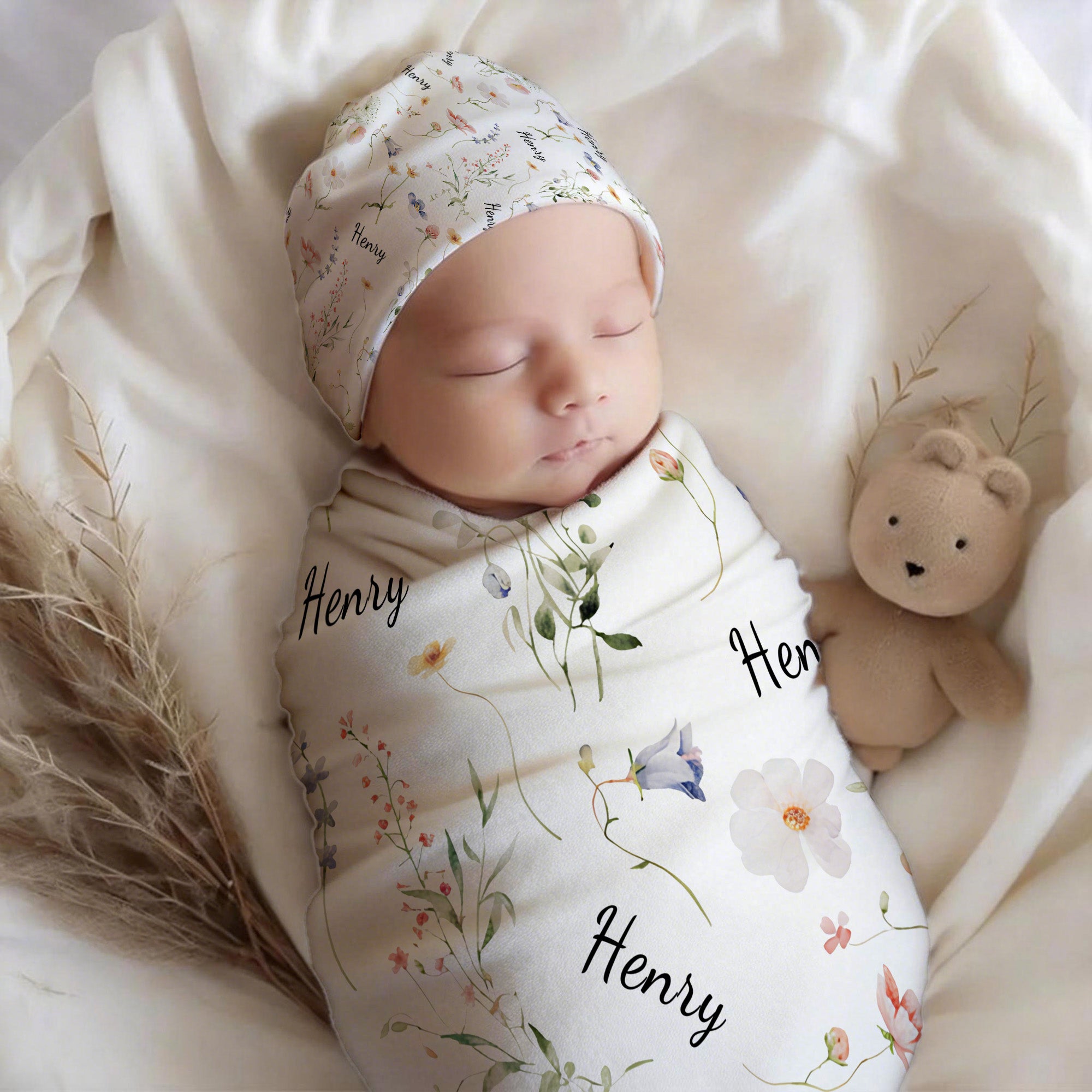 Personalizado Wildflowers Swaddle Manta Nudo Sombrero Diadema con Nombre Nursery Decor Baby Shower Birthday Gift for Newborn Baby