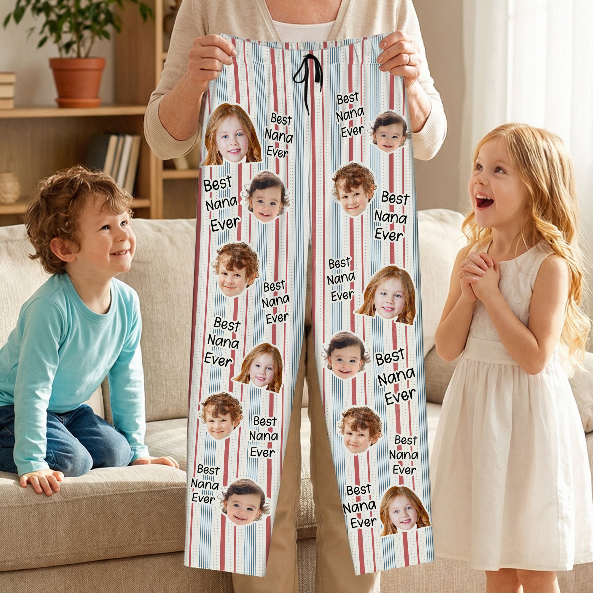 Personalizado raya 1-4 fotos cordón largo pantalones de pijama con nombre Día de la Madre Cumpleaños Regalo para Mujeres Hombres Niños