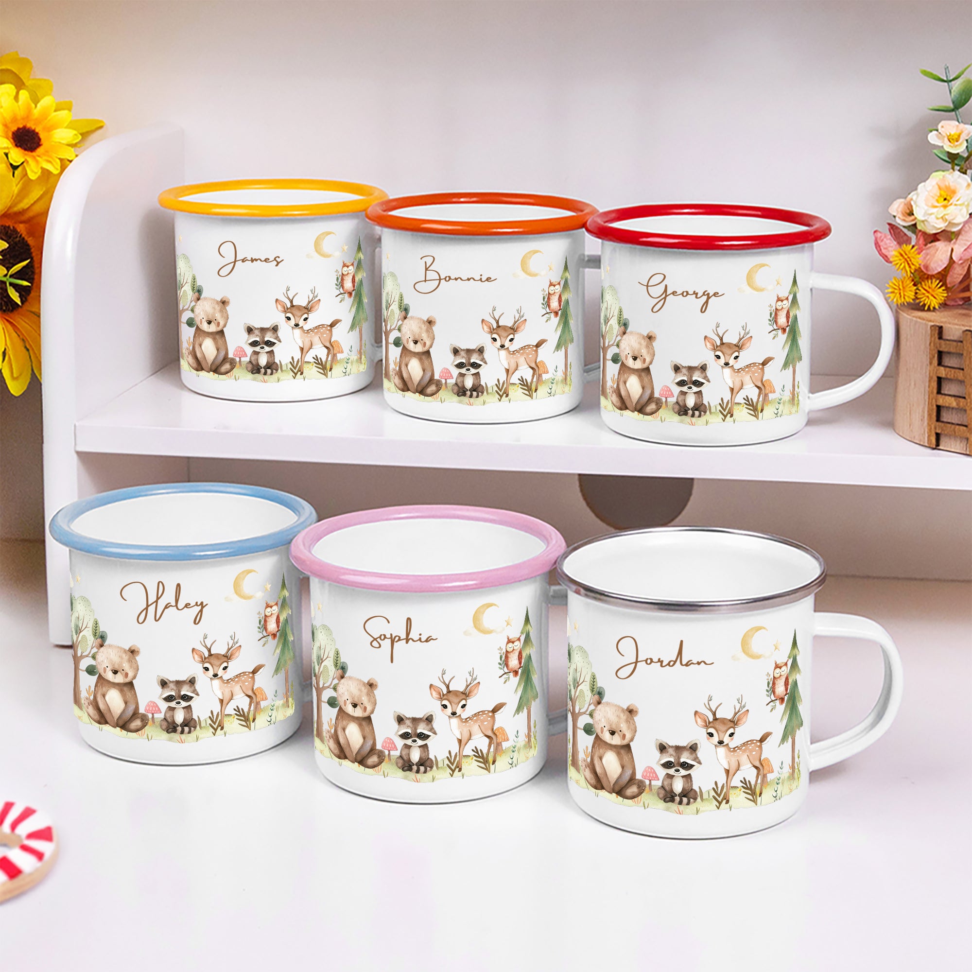 Personalizado lindo oso mapache ciervo multicolor 12 oz esmalte taza con nombre cumpleaños regalo de Navidad para los niños