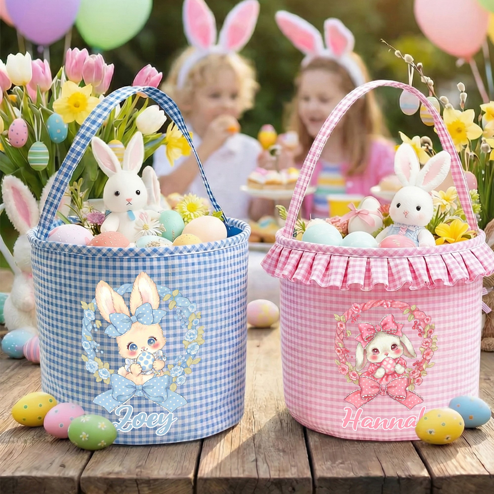 Cesta de Pascua personalizada con lazo de lunares multicolor de gran capacidad y nombre Regalo de fiesta para niños Niñas