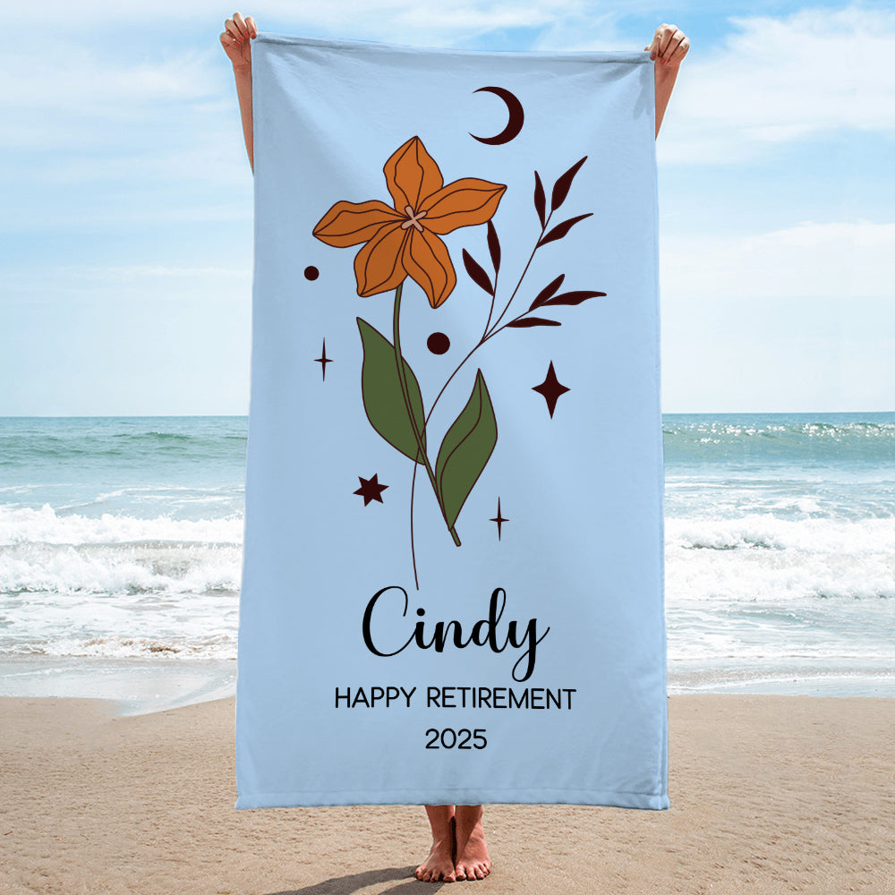 Toalla de playa personalizada con flores del zodiaco de gran tamaño y secado rápido con nombre Accesorios para vacaciones de verano Regalo de jubilación para un amigo de la familia