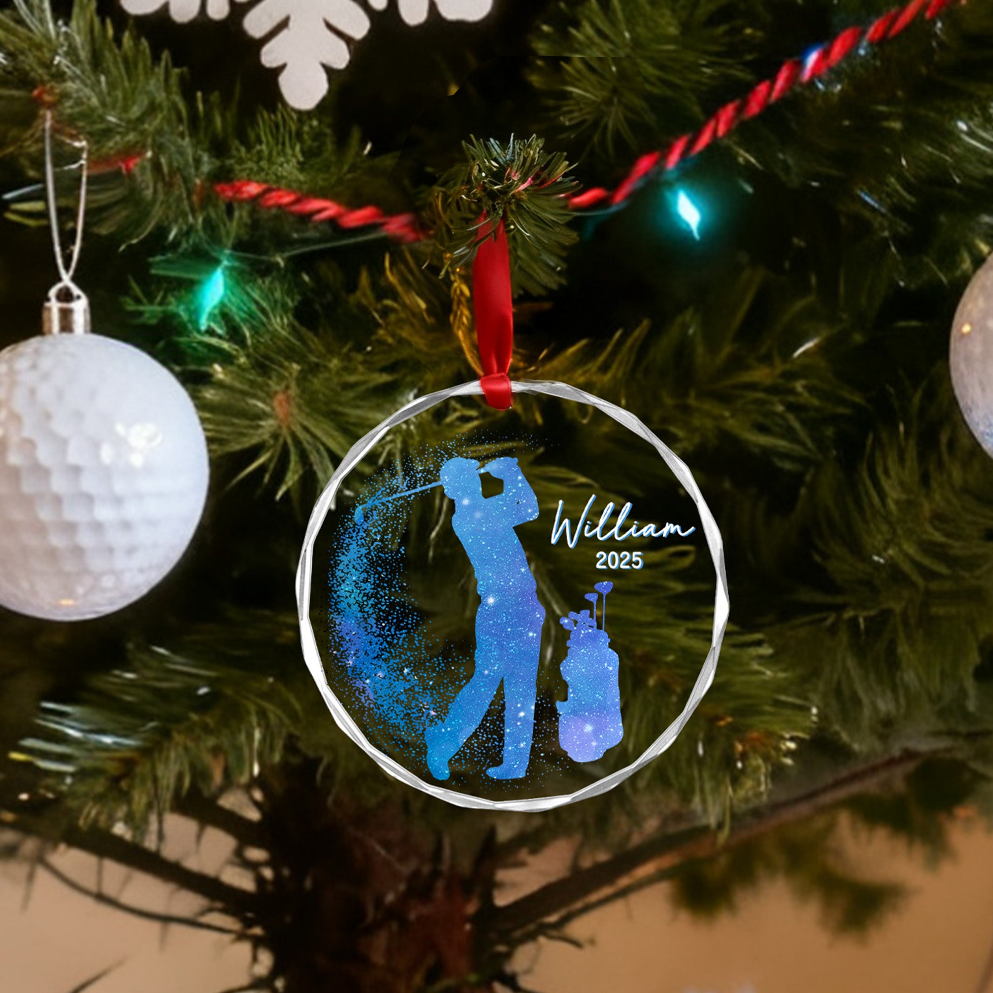 Adorno de Navidad personalizado con silueta de golfista con purpurina, nombre y año Decoración del árbol de casa Regalo de Navidad para los amantes del golf