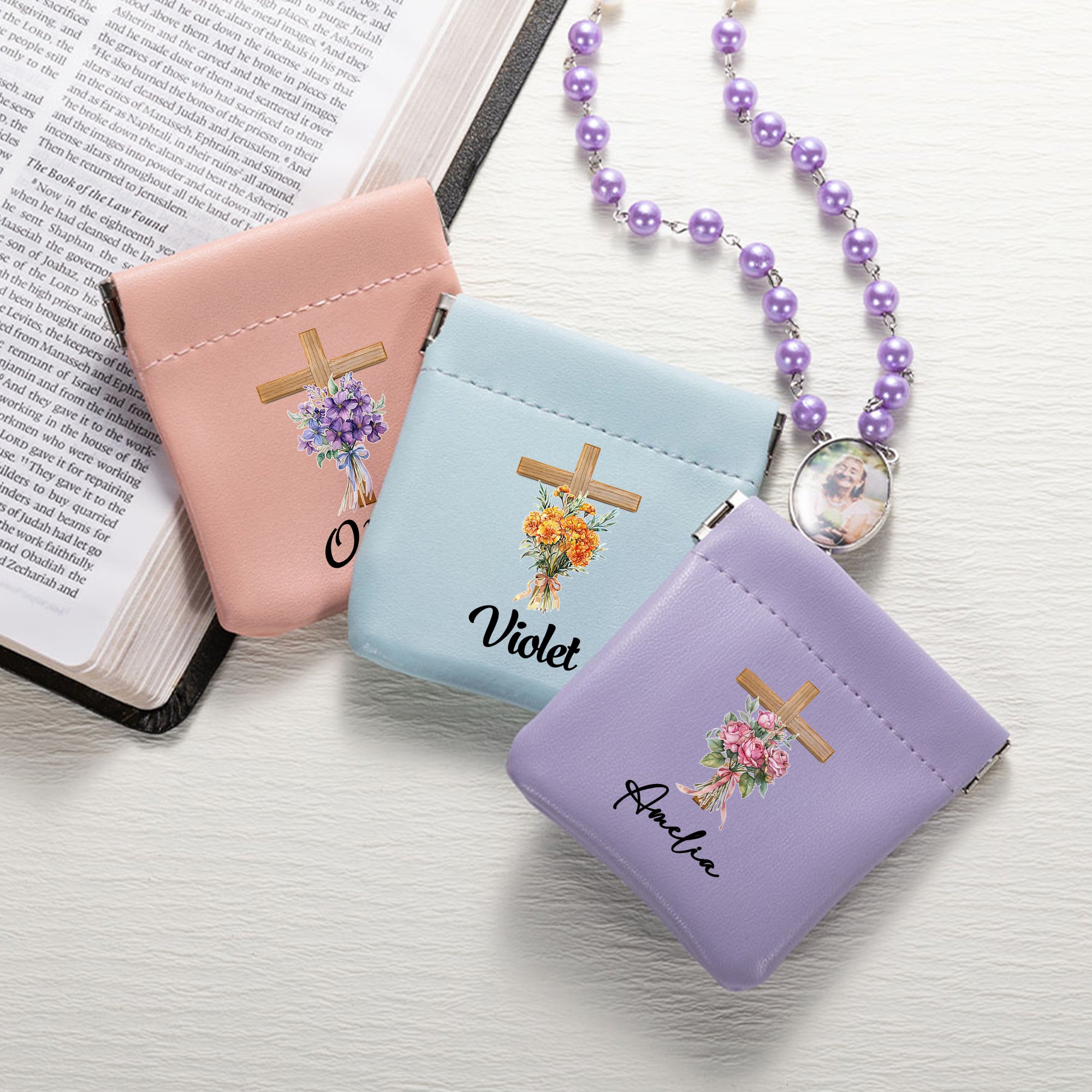 Personalizada Cruz Nacimiento Flor PU Cuero Rosario Bolsa de Almacenamiento con Nombre Uso Diario Oración Regalo Religioso para los cristianos