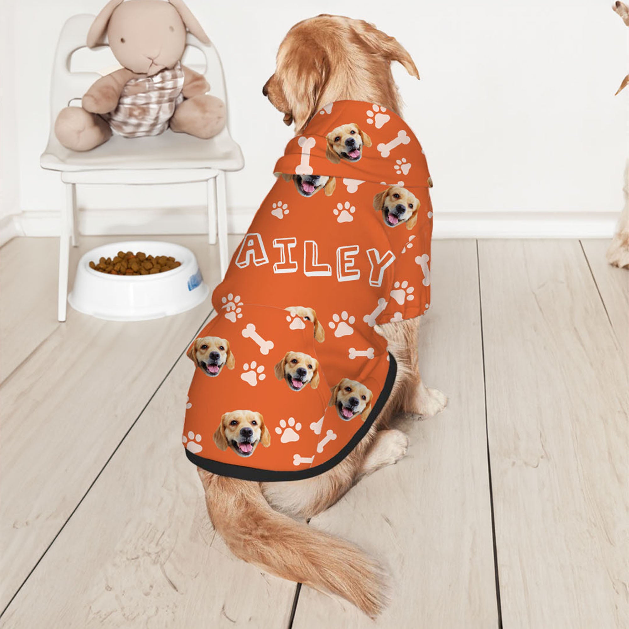 Personalizada Fish Bone Paw Print Soft Warm Puppy Dog Hoodie with Pet Face Photo and Name Christmas Birthday Gift for Pet Owners