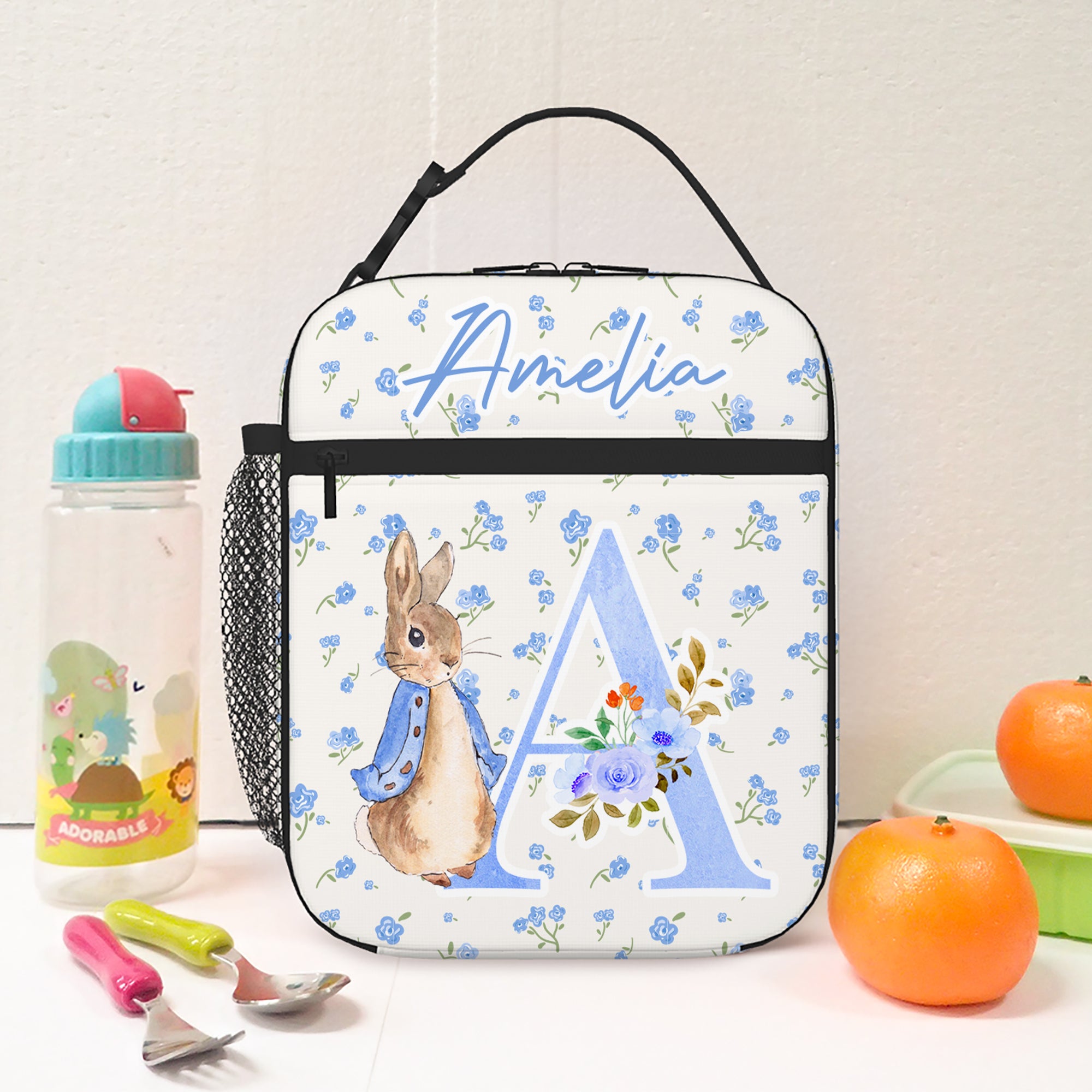 Personalizado Peter Rabbit Coquette Lazo Flor Inicial Bolsa de almuerzo aislante con nombre Viaje diario Vuelta al cole Regalo de cumpleaños para niños Niñas