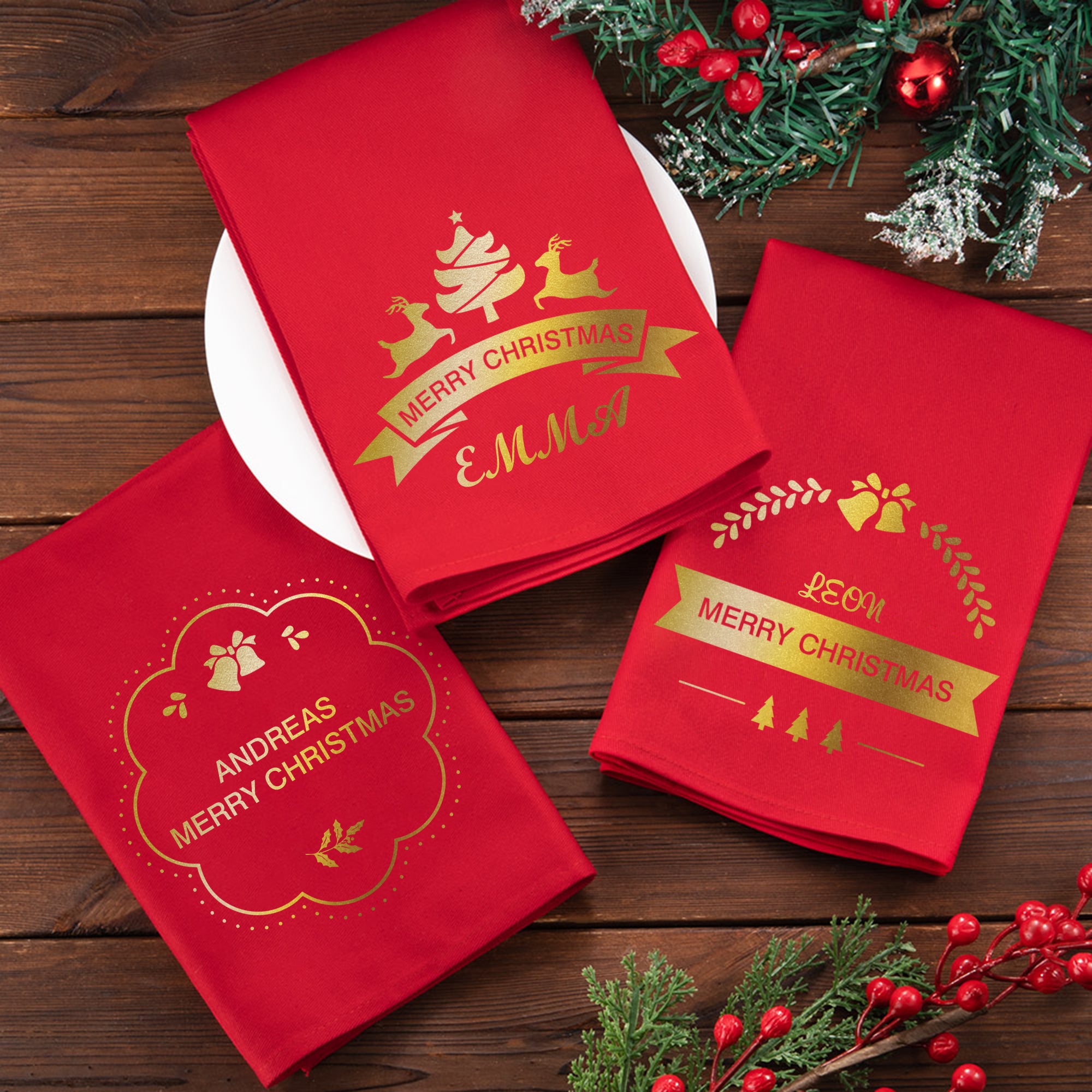 Personalizada Reno Campana Árbol de Navidad 100% Algodón Rojo Servilleta de Navidad con Nombre y Texto Decoración de Mesa Regalo de Navidad para Familia Amigos