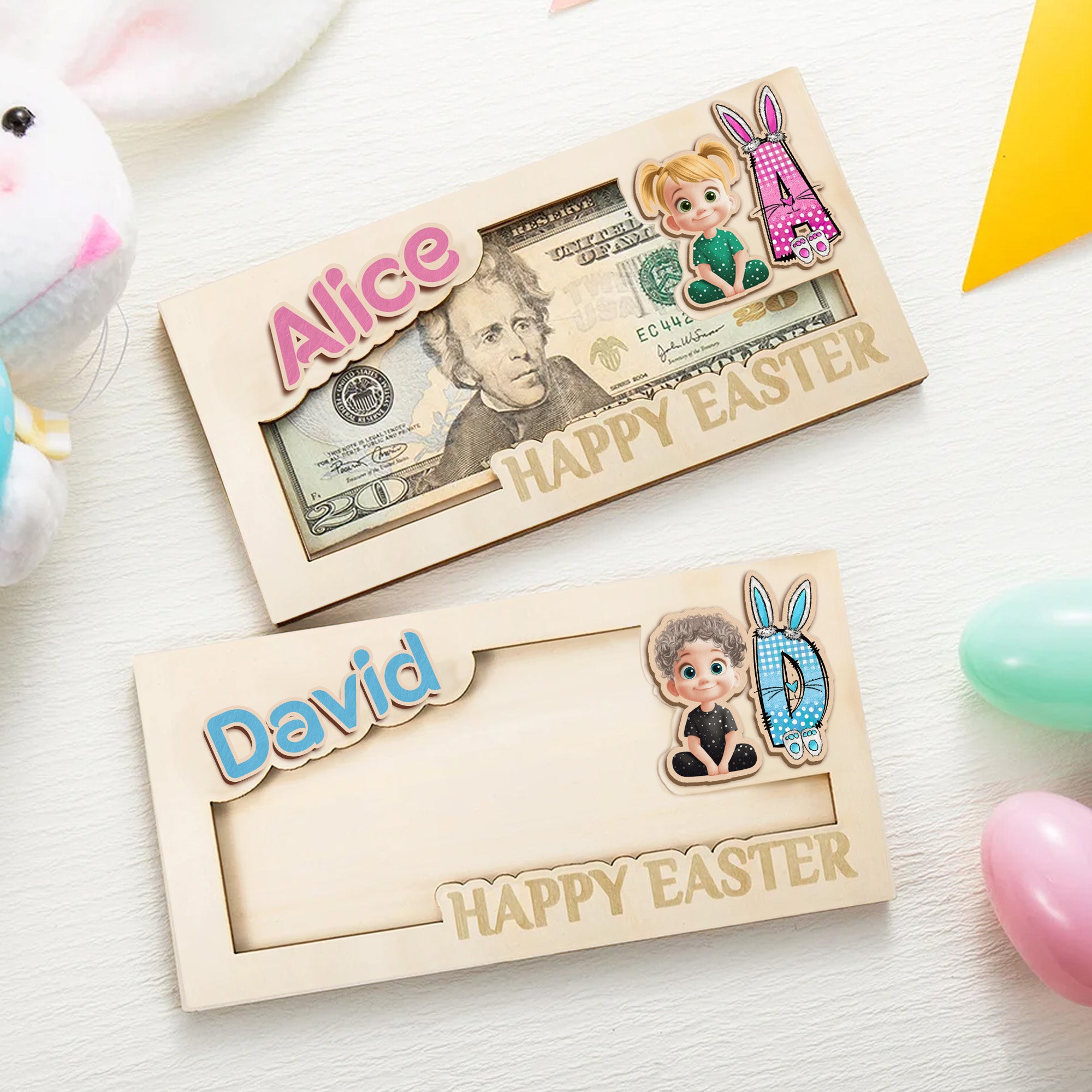 Porta billetes de madera personalizado con nombre e inicial de un conejito de dibujos animados Regalo de Pascua para niños