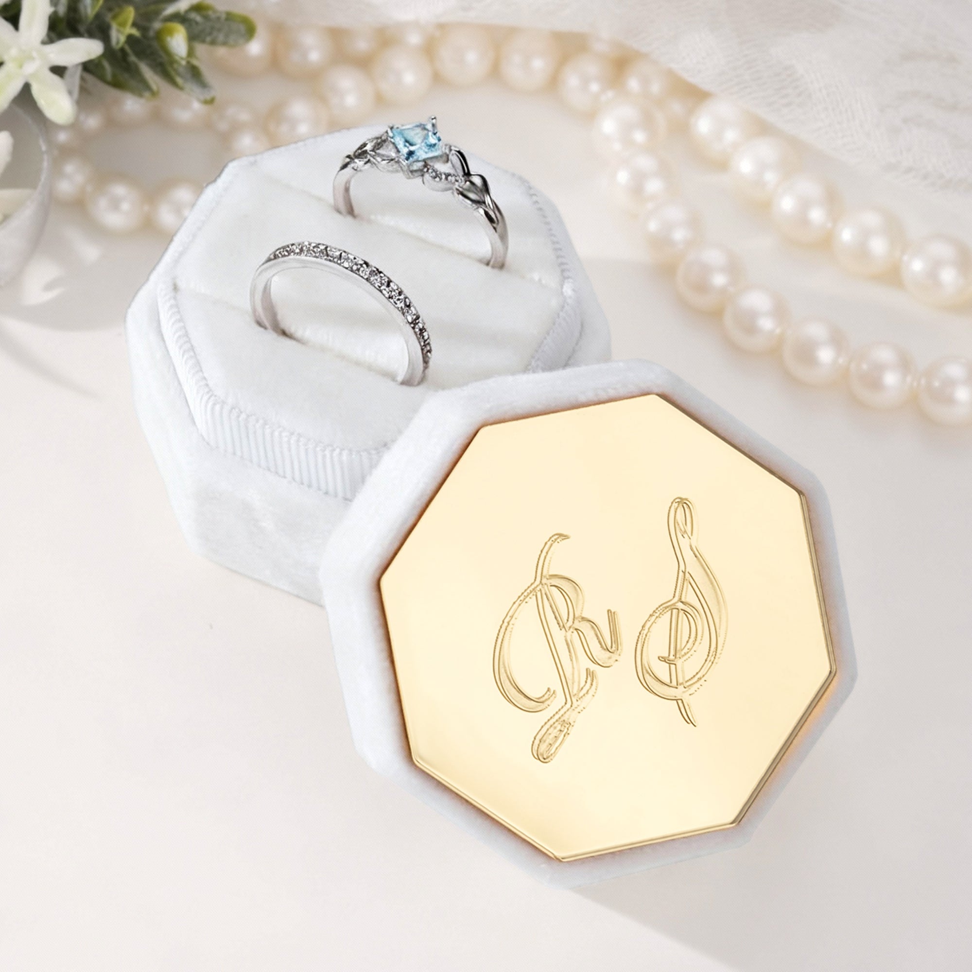 Personalizada de terciopelo Vintage Octágono Anillo Caja con Nombre Inicial y Fecha de la boda Propuesta de Compromiso Ceremonia de Regalo para Recién Casados Novia Parejas