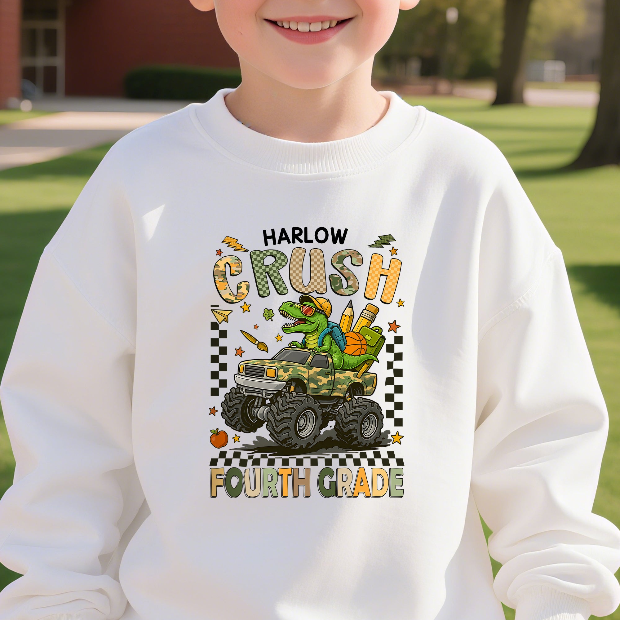 Personalizado Dinosaurio Cuadrícula Camión Multicolor Camiseta Sudadera Sudadera con Capucha con Grado y Nombre Vuelta al Cole Regalo de Cumpleaños para Niños Niñas