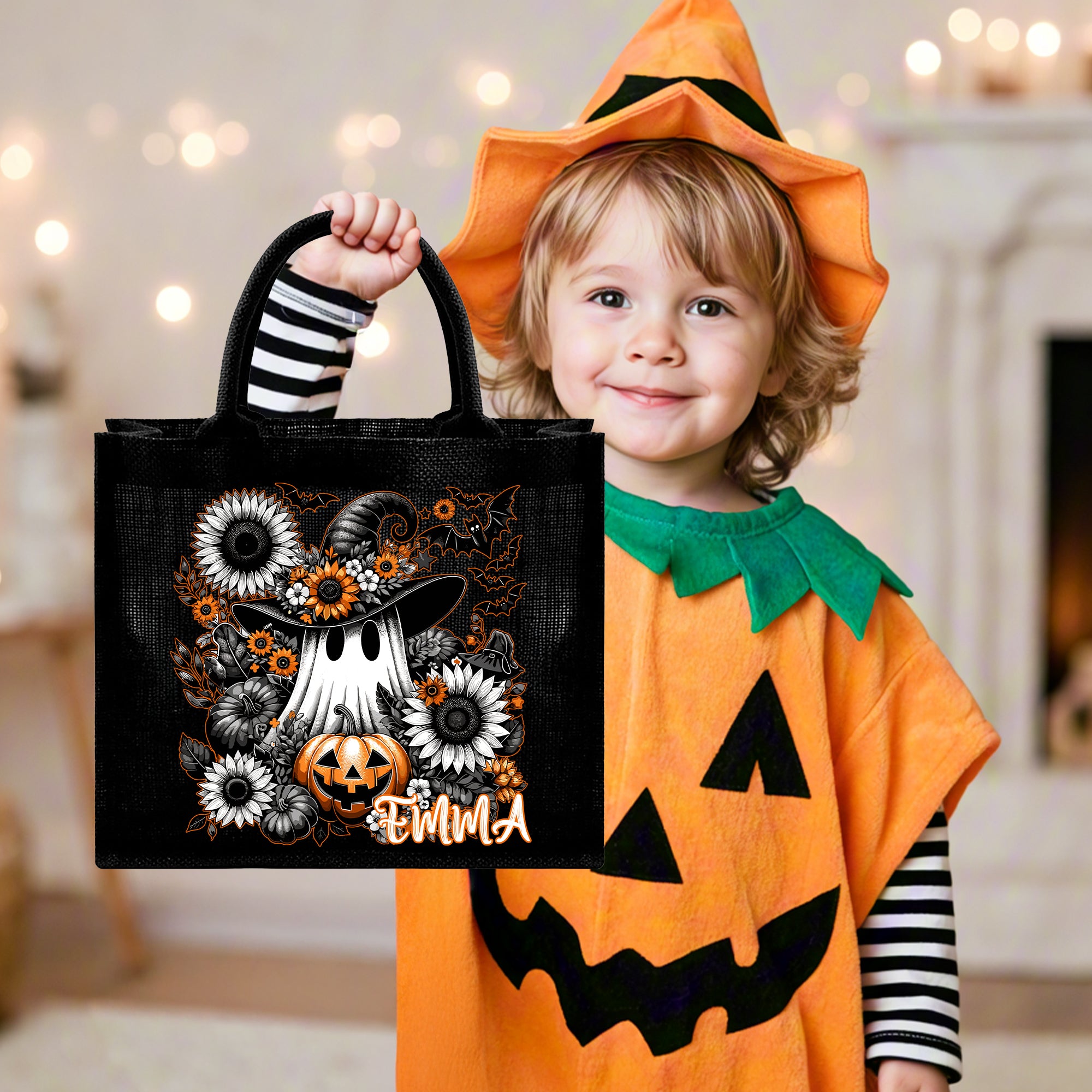 Personalizada Floral Fantasma Negro Bolsa de Lino con Nombre Fiesta de Halloween Regalo para Niños Niñas