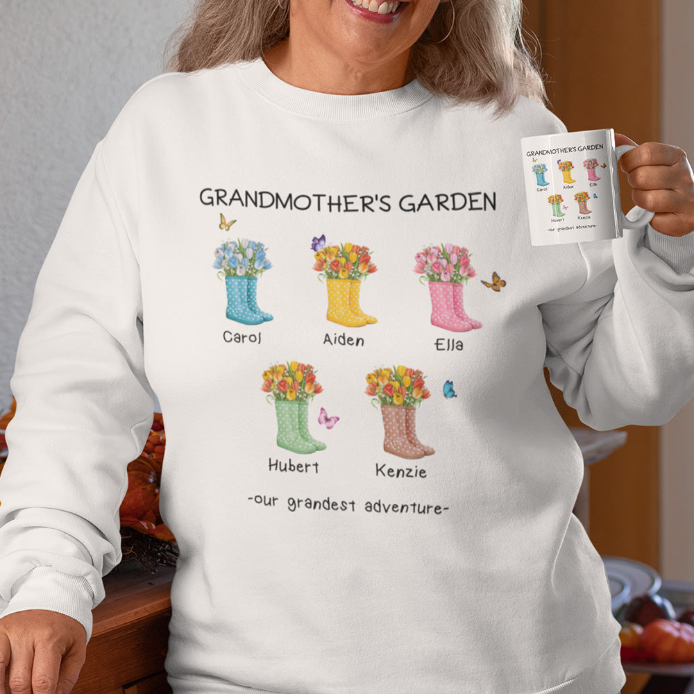 Sudadera personalizada Our Gardest Adventure Floral Boots para adulto con título y 1-6 nombres Día de la Madre Cumpleaños Regalo para mamá Abuela