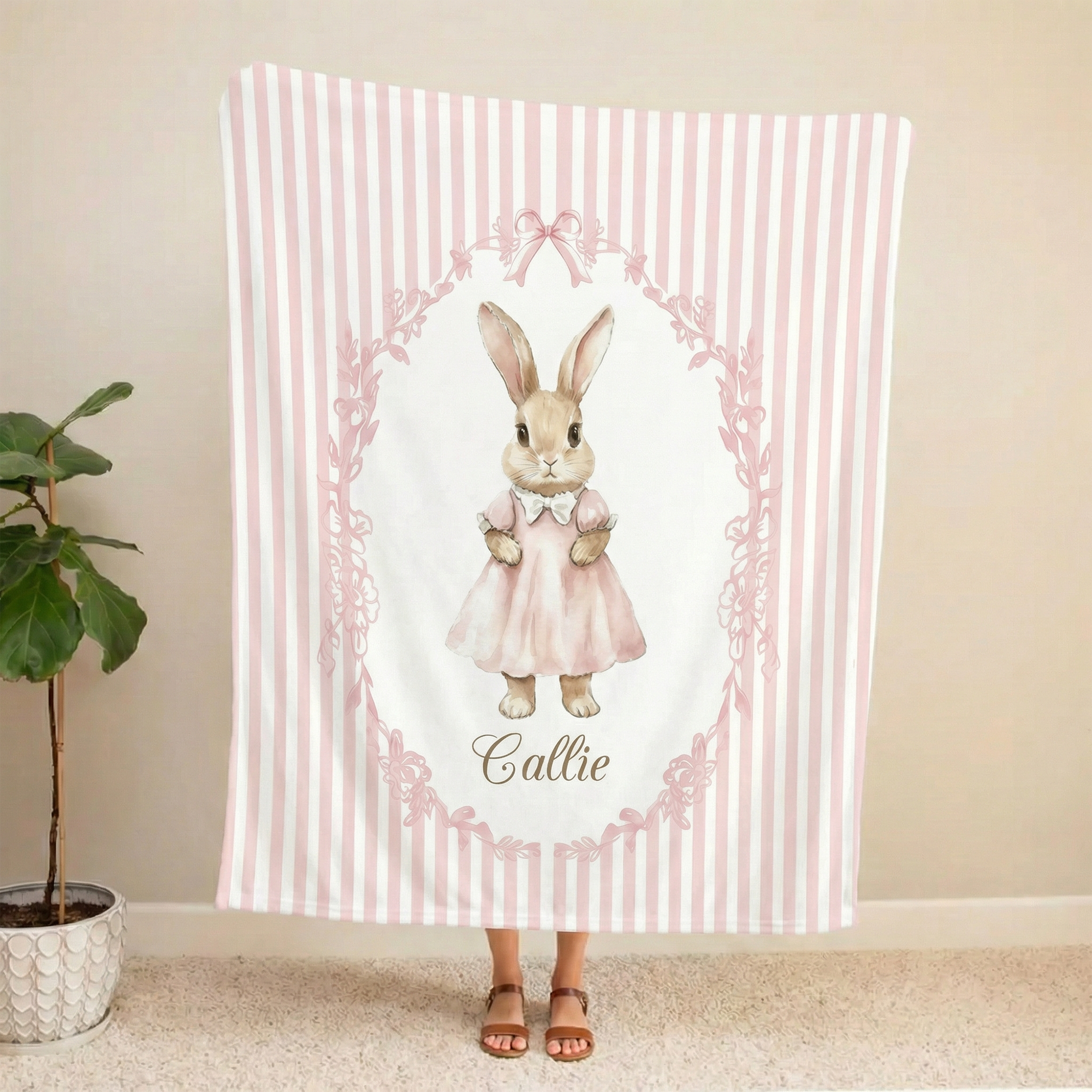 Conejito personalizado floral rayas manta con nombre decoración del hogar ropa de cama Pascua cumpleaños regalo para niños recién nacidos