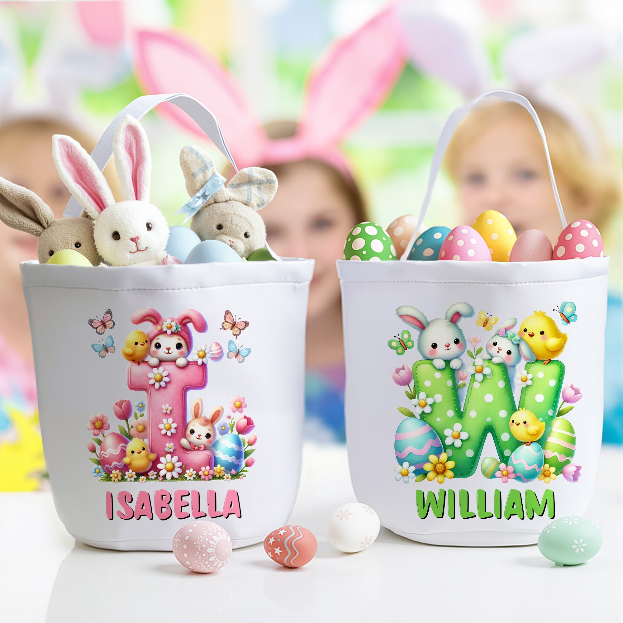Huevos de Pascua personalizados de conejito de dibujos animados Cesta de Pascua de lona de gran capacidad con nombre e inicial Huevos de Pascua Fiesta de caza Regalo de Pascua para niños