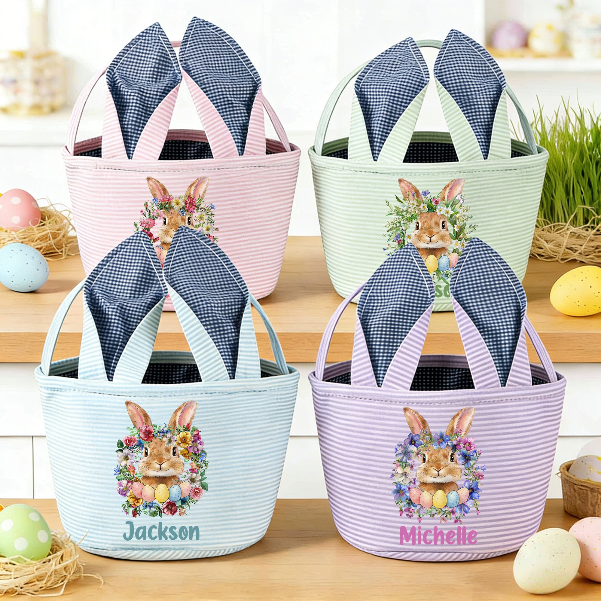 Cesta de Pascua Personalizada Flor de Nacimiento Beatrix Potter Peter Rabbit con Nombre y Orejas de Conejo Actividad de Búsqueda de Huevos Regalo de Pascua para Niños