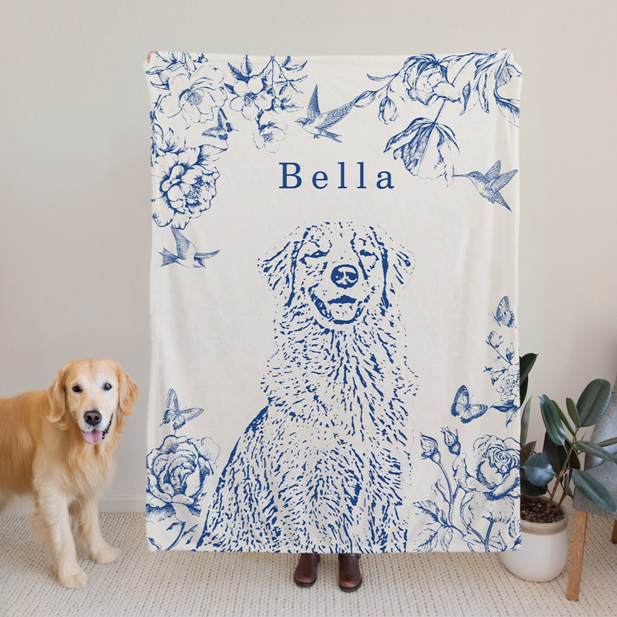 Personalizada Retro Floral Pet Foto Retrato Suave manta con nombre Home Decor Cumpleaños Regalo para los amantes de las mascotas Propietarios