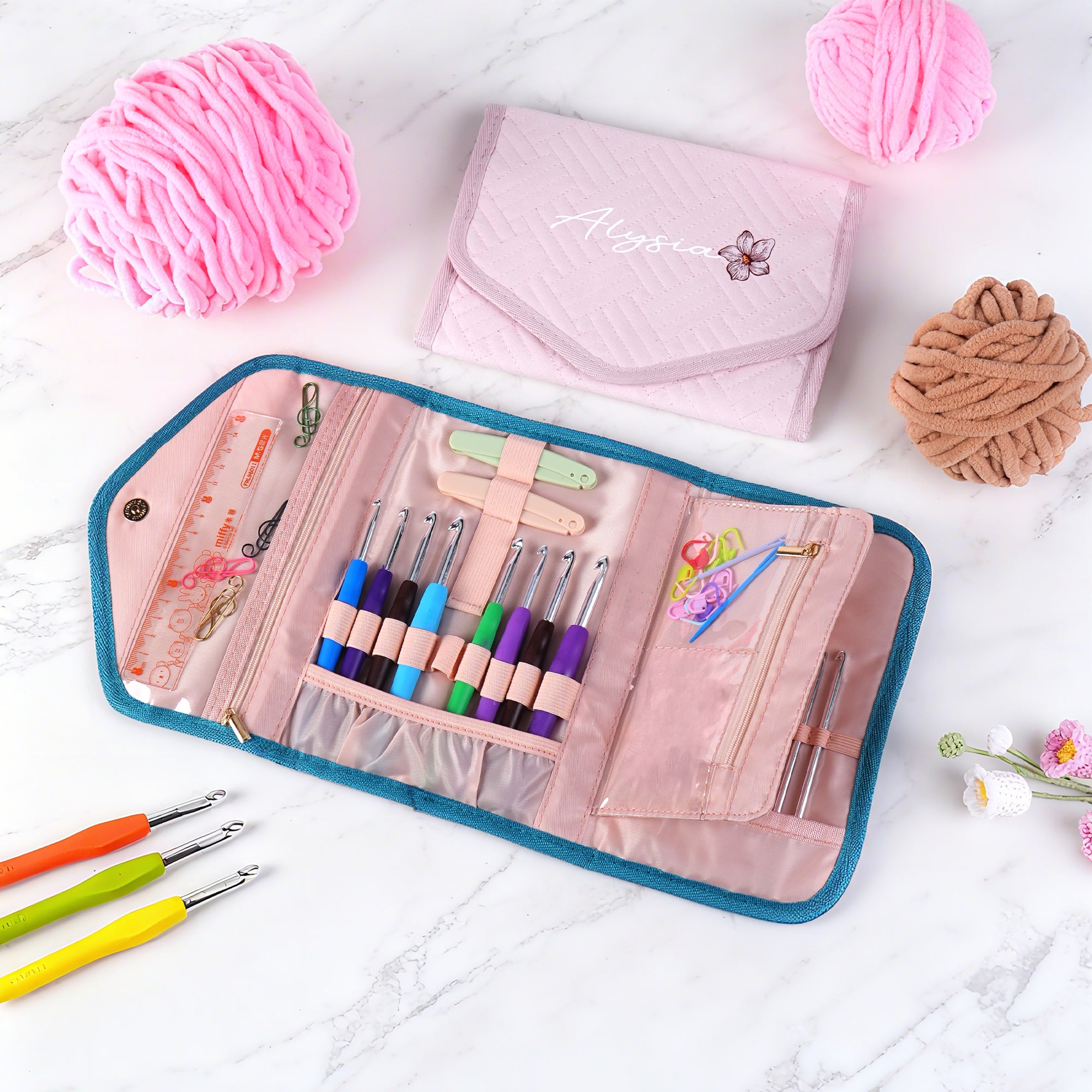 Flor de nacimiento personalizada Organizador plegable para ganchillos con nombre Accesorios para tejer Regalo del Día de la Madre para entusiastas del ganchillo
