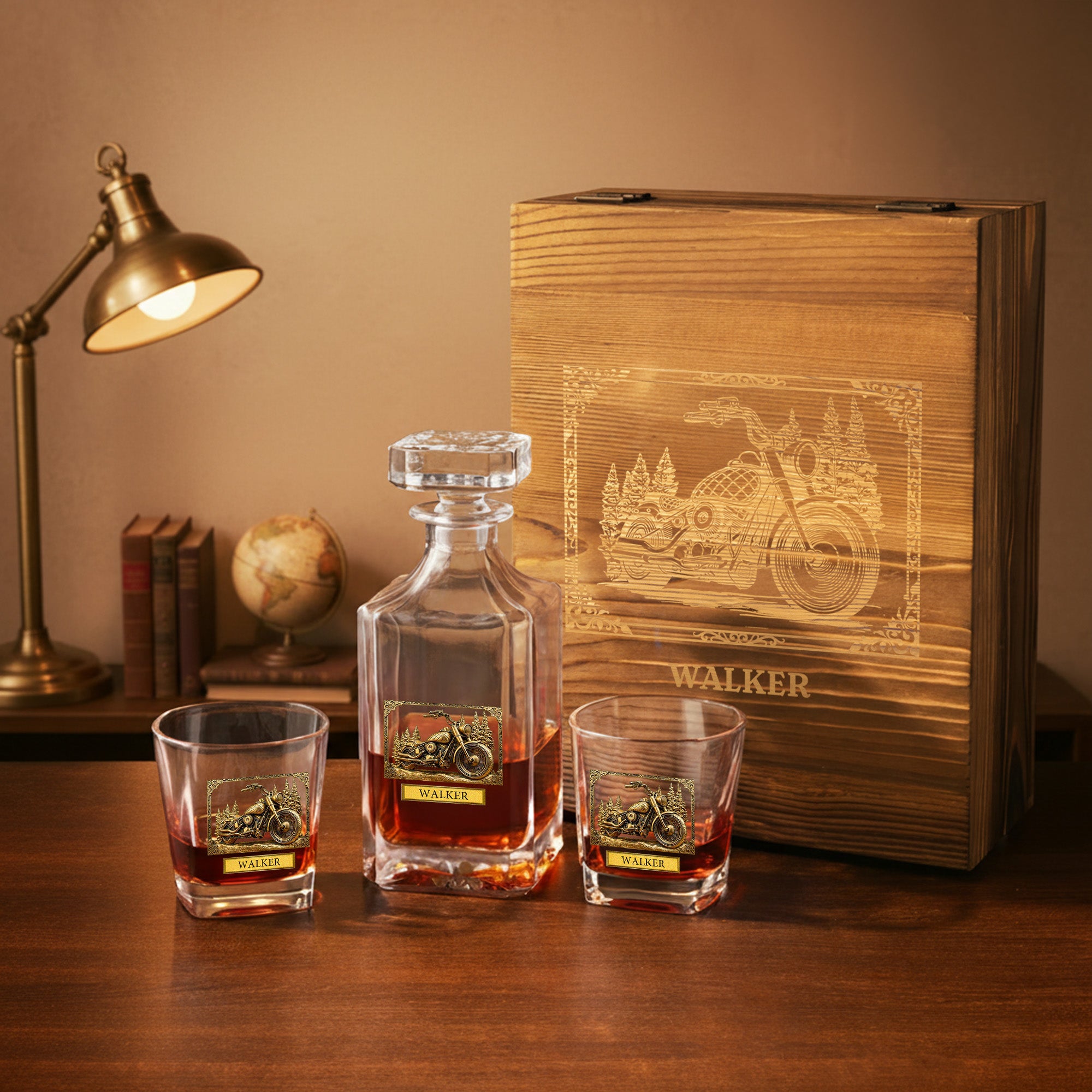 Decantador Cuadrado Personalizado 2 Copas de Whisky Juego de Caja de Madera con Nombre Regalo de Cumpleaños para Hombres Amantes del Whisky