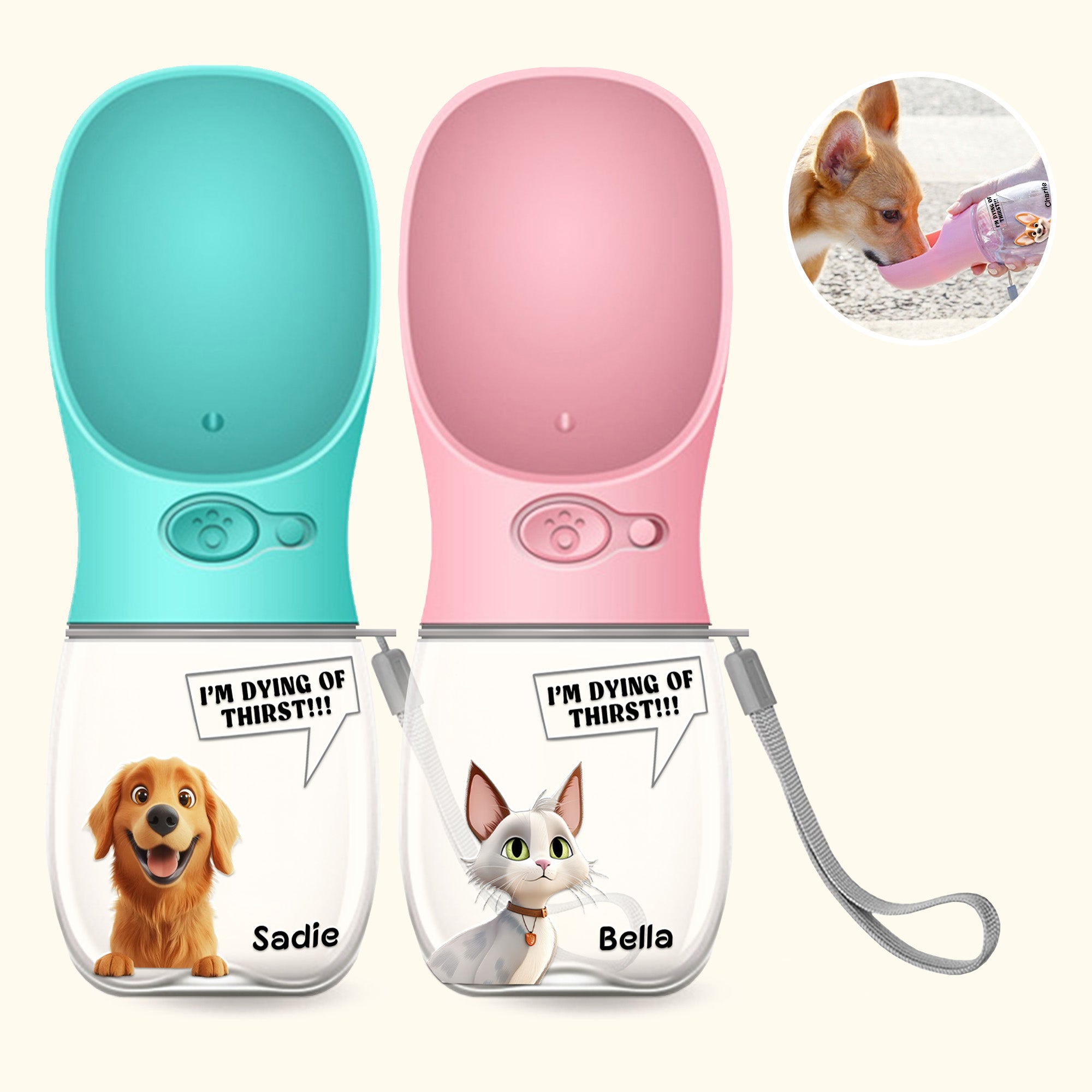 Botella de agua para mascotas con bebedero y nombre Personalizada de dibujos animados en 3D con diseño de perro y gato Regalo de cumpleaños para dueños de mascotas