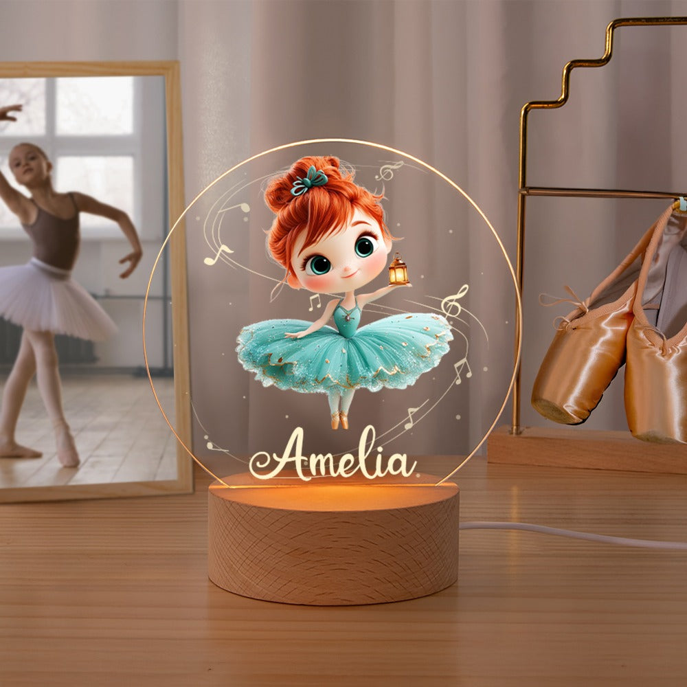 Luz nocturna LED personalizada con niña de ballet 3D de dibujos animados y nombre decoración para hoga regalo de cumpleaños para bailarinas