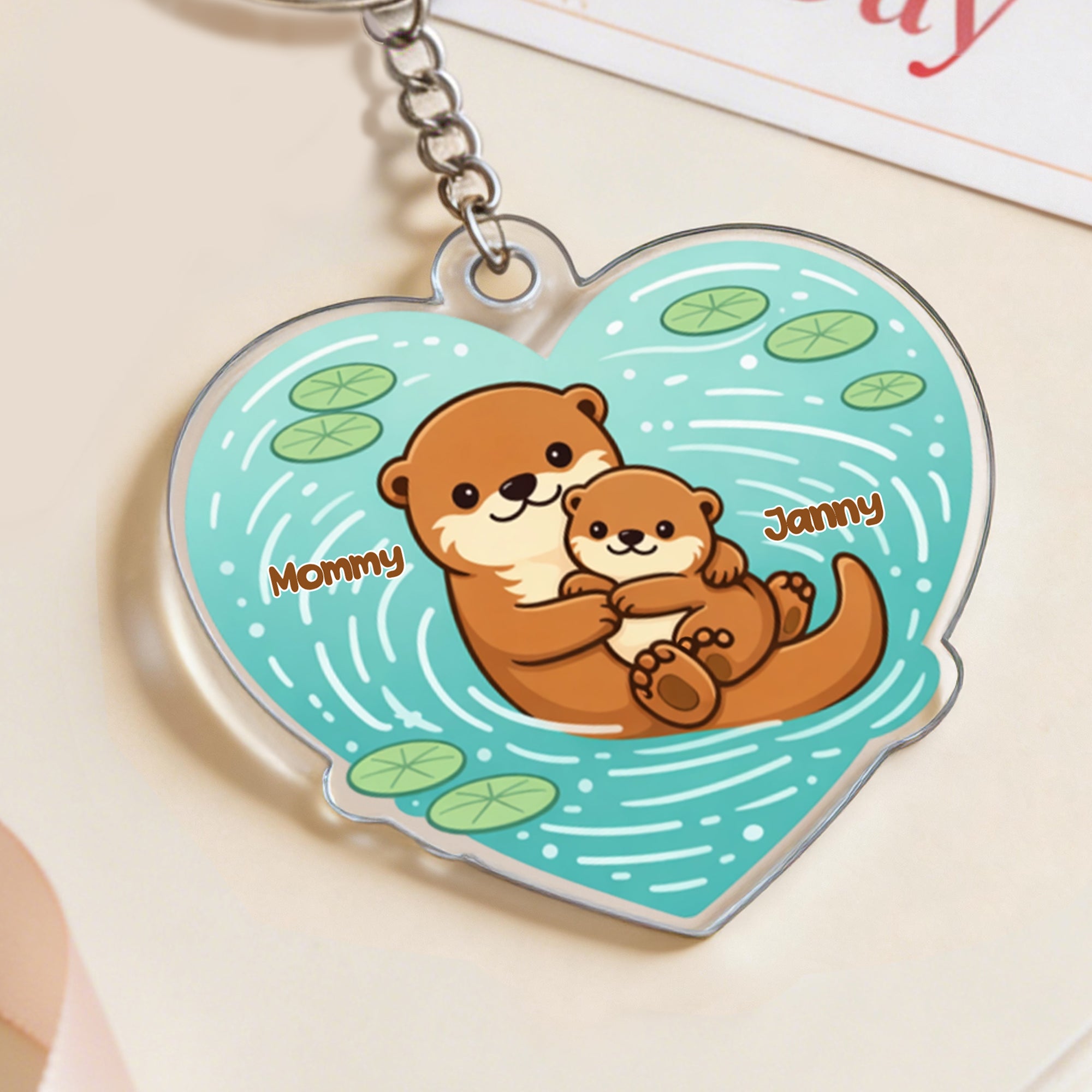 Llavero acrílico personalizado con forma de corazón de mamá nutria y 1-5 bebés nutrias con nombres Uso diario Regalo del Día de la Madre para mamá Abuela