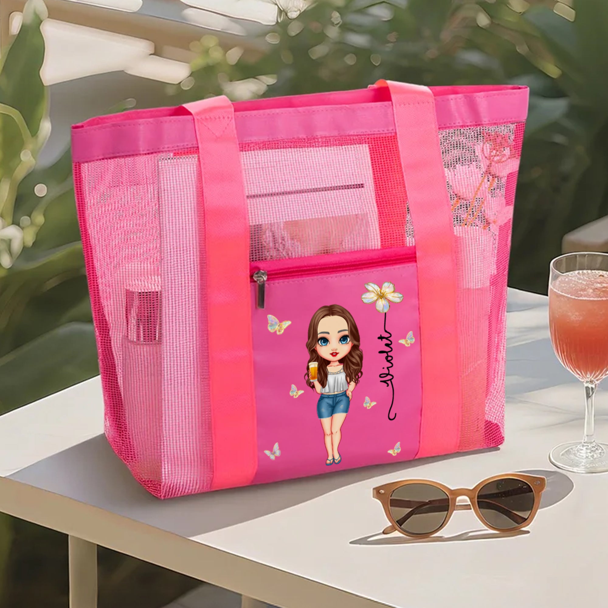 Personalizado Cartoon Personaje Nacimiento Flor Malla Bolsa de playa con nombre Vacaciones de verano Piscina Cumpleaños Regalo para Mujeres Niñas