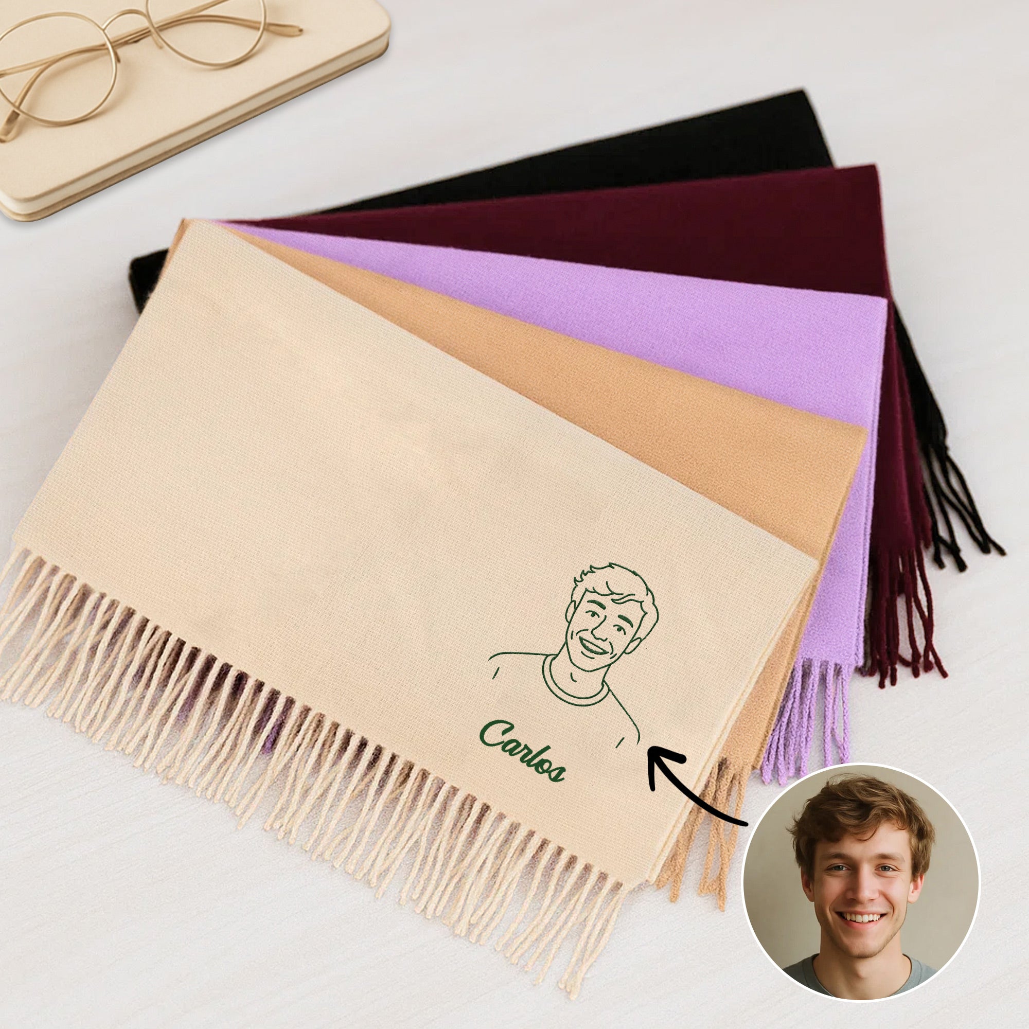 Bufanda personalizada de cachemira sintética con bordado de retrato y nombre con borla suave regalo de aniversario y navidad para familia y amigos