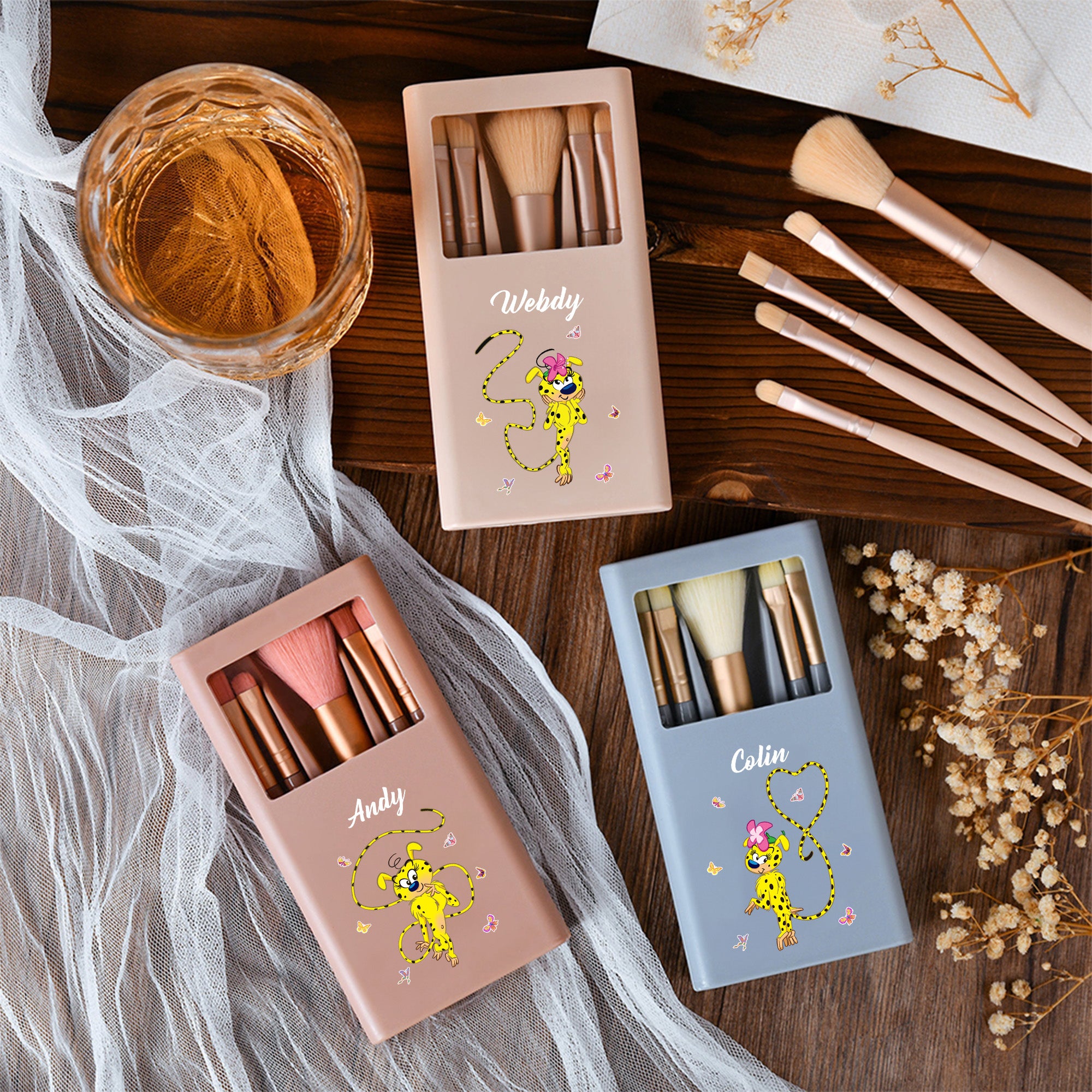 Marsupilami Personalizado Juego de 5 Pinceles de Maquillaje con Nombre Regalo de Boda de Cumpleaños para Mujer | Callie × Marsupilami