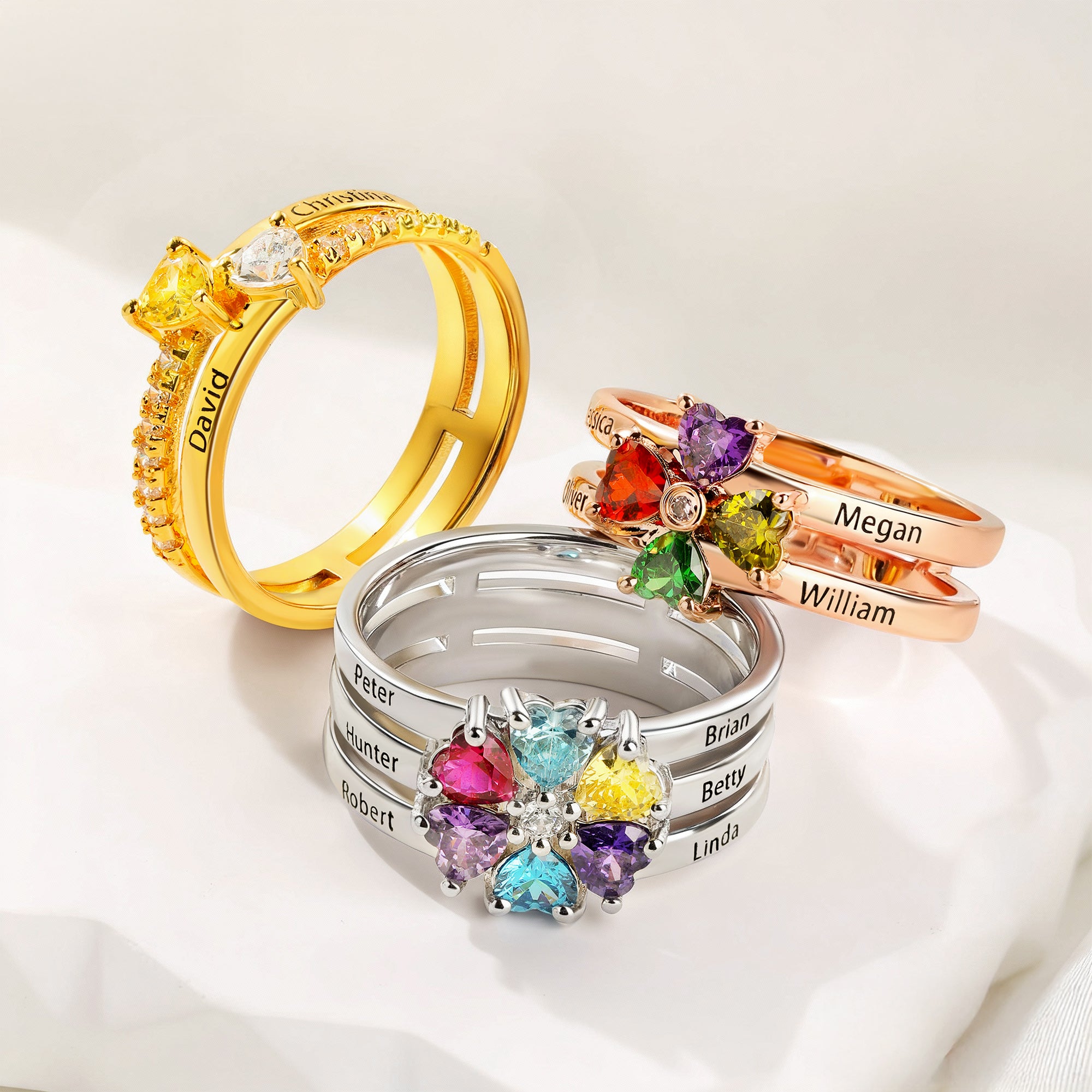 Corazón Personalizado Surtido 1-8 Piedras de Nacimiento Anillo con Nombres Grabados Cumpleaños Aniversario Compromiso Regalo para Mujeres