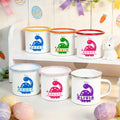 Taza esmaltada de 12 oz personalizada con el nombre de un lindo dinosaurio orejas de conejo para los amantes de los dinosaurios.