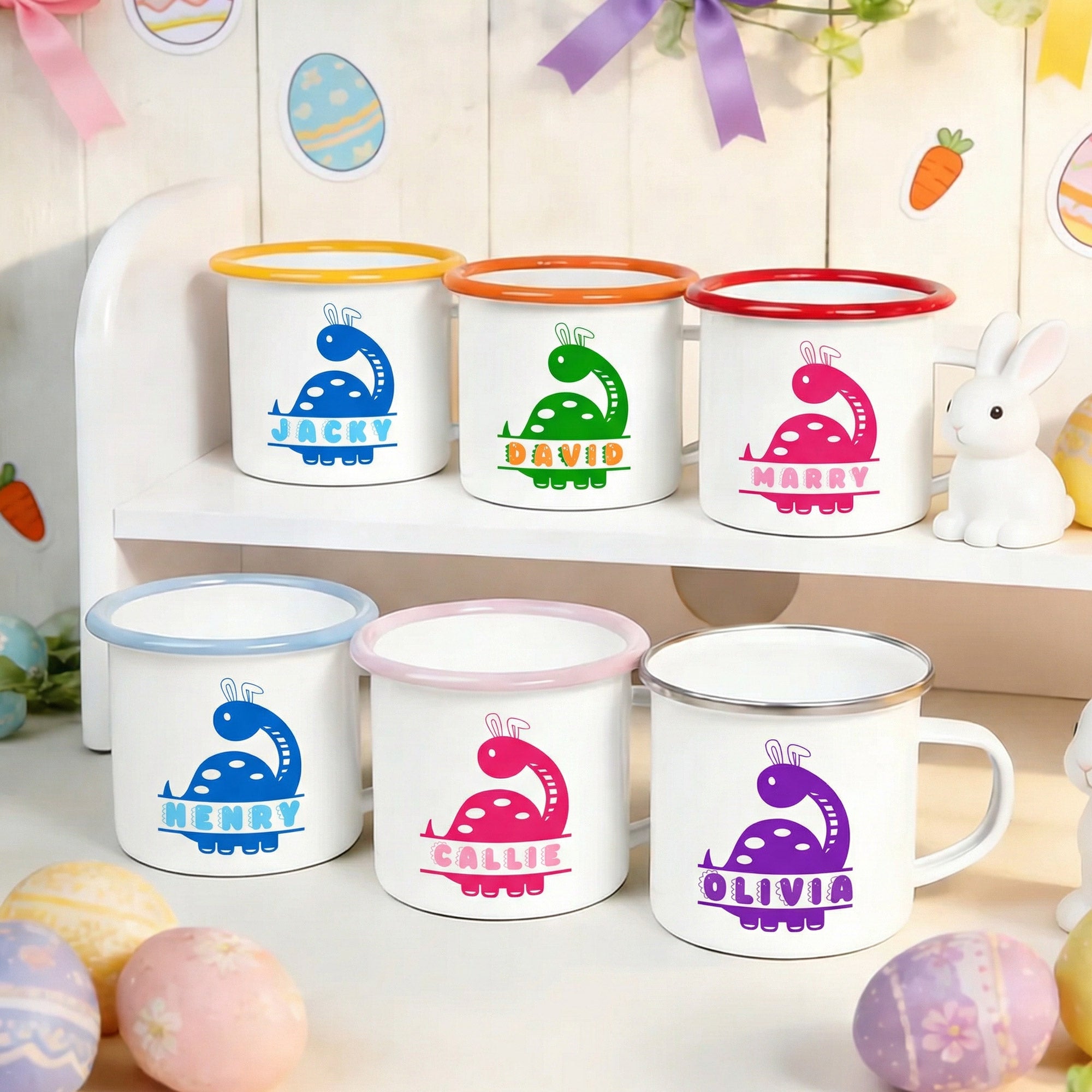Taza esmaltada de 12 oz personalizada con el nombre de un lindo dinosaurio orejas de conejo para los amantes de los dinosaurios.
