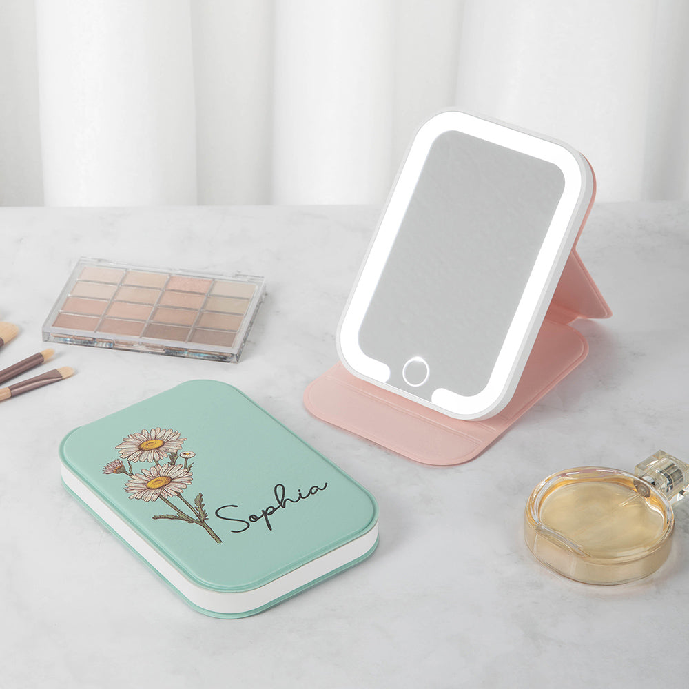 Personalizado Nacimiento Flor LED de tres colores Espejo de Maquillaje con Nombre Viaje Esencial Aniversario Cumpleaños Regalo para Mujeres Niñas Damas de Honor