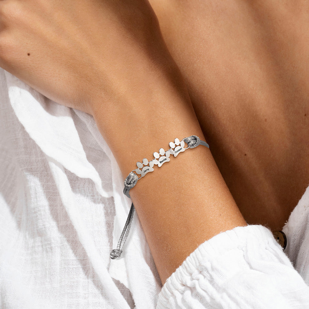 Personalizada 1-6 patas Minimalista Ajustable Encerado Cuerda Pulsera con Nombre Grabado Mujeres Joyería Cumpleaños Memorial Gift for Pet Owners Lovers