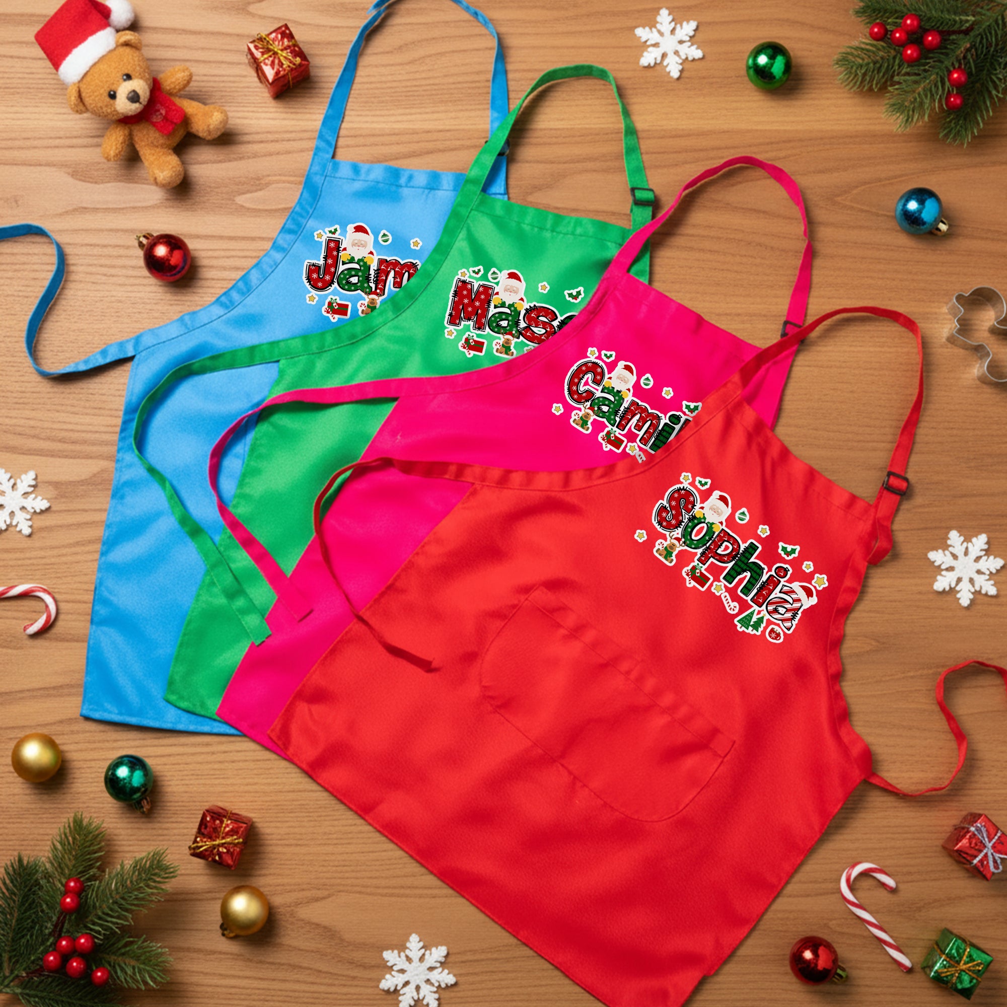 Personalizado lindo dibujo de Santa Claus estilo árbol de Navidad Nombre Ajustable Niño Delantal Chef Gorro Set Hornear Fiesta Navidad Regalo para Niños Niñas