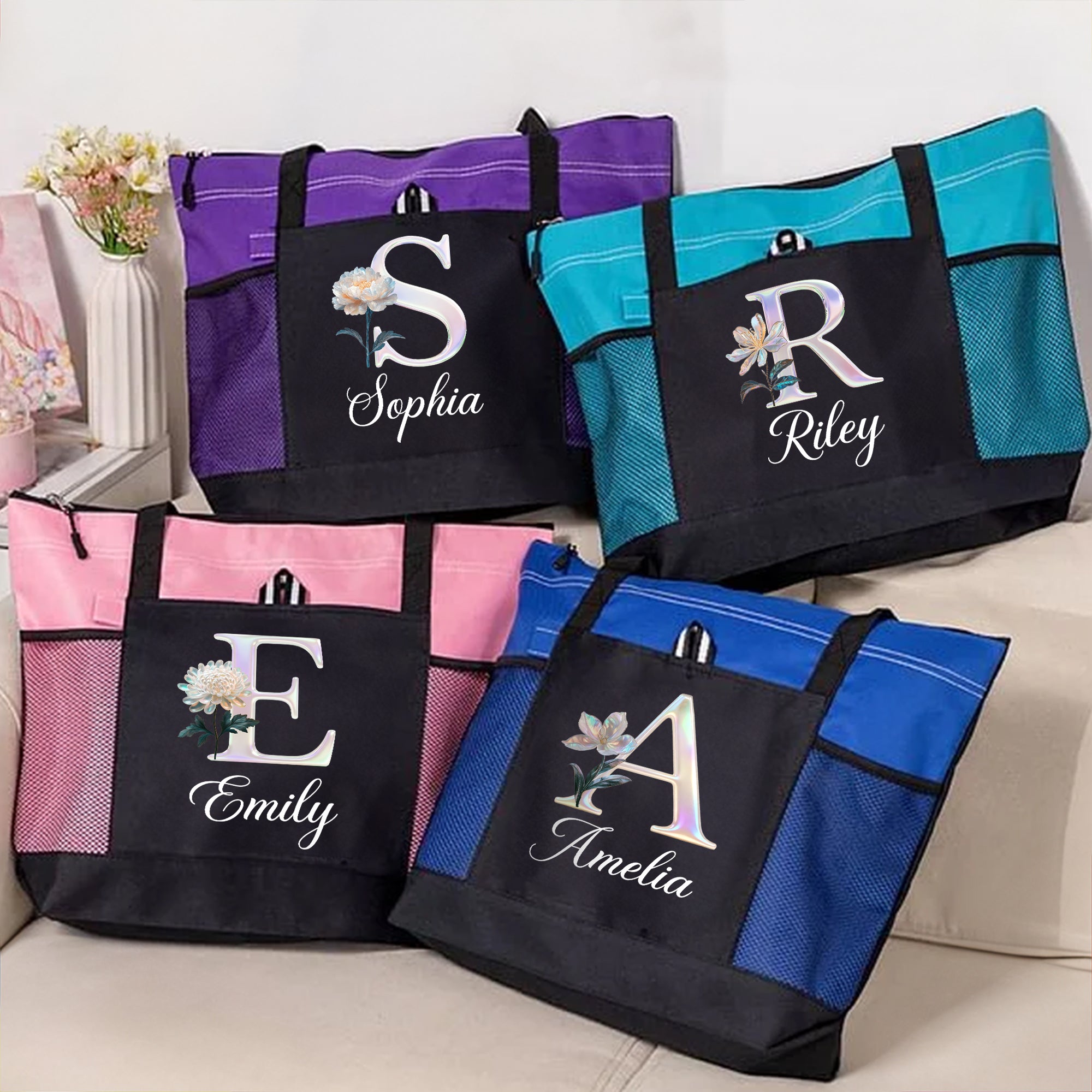 Personalizada Madre de Perla Efecto Nacimiento Flor Inicial Impermeable Bolsa de Malla con Nombre Cumpleaños Navidad Aniversario Regalo para la Familia Amigos