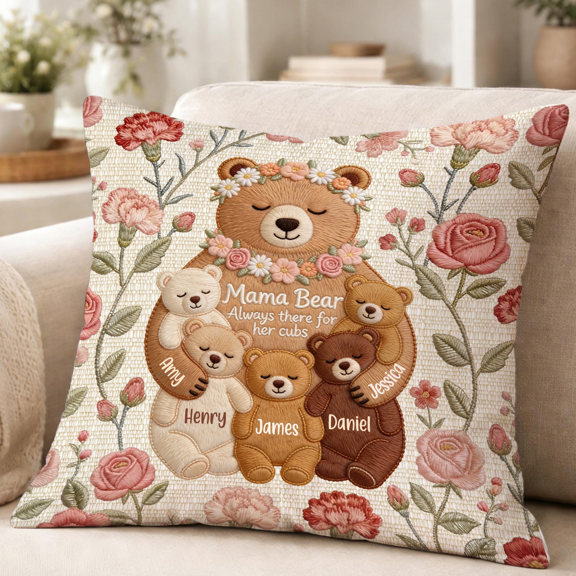 Personalizado imitación bordado efecto flor mamá-bebé lindo oso suave almohada cubierta con nombres decoración de la habitación regalo del día de la madre para mamá