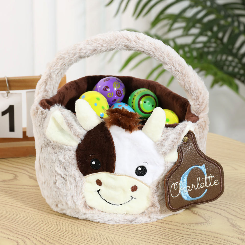 Personalizada Adorable Vaca Bordado Inicial Nombre Cesta de Peluche con Etiqueta de Cuero Cumpleaños Día del Niño Regalo para Niños Amantes de las Vacas